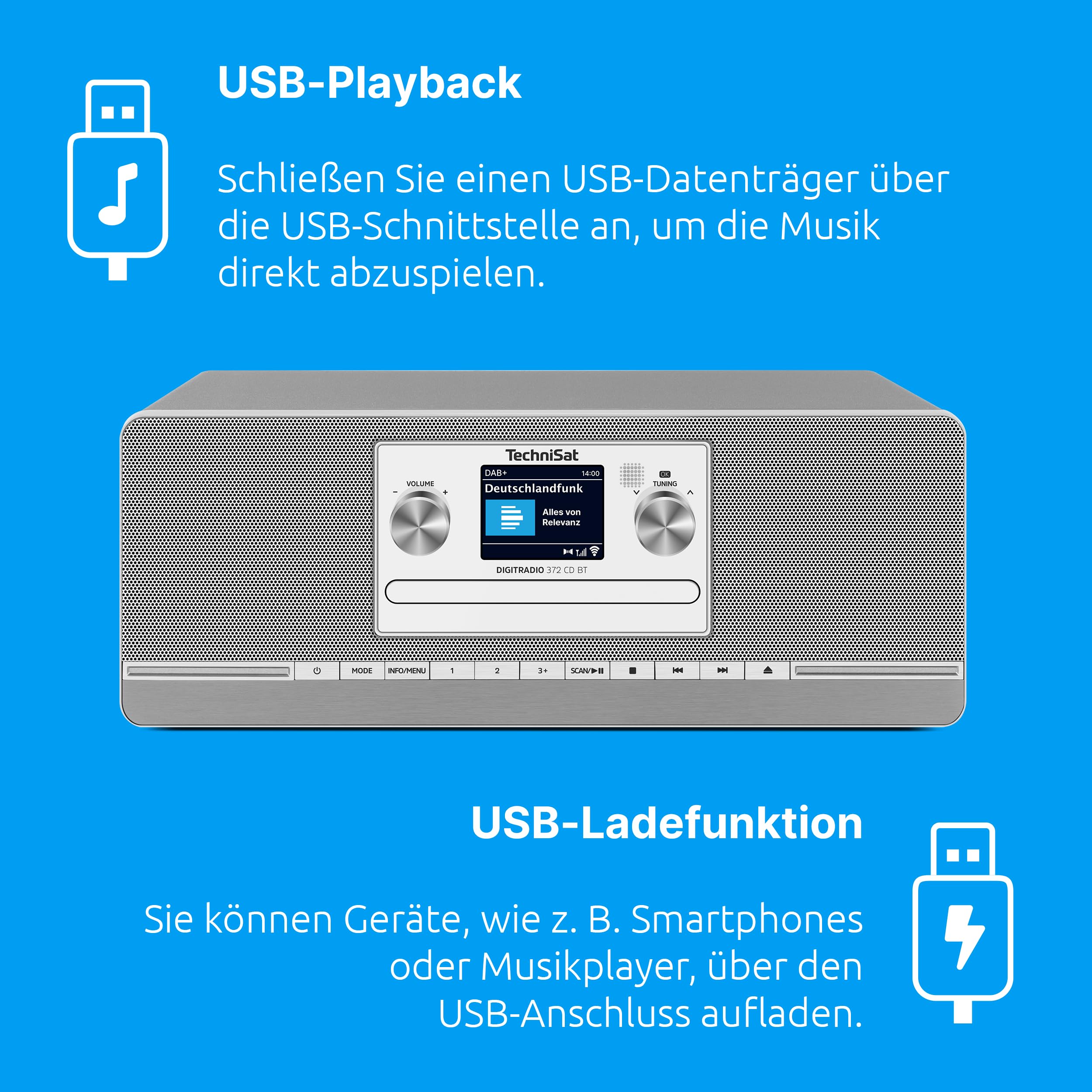 TechniSat DIGITRADIO 372 CD BT - Stereo Digitalradio, Kompaktanlage mit DAB+, UKW, CD-Player, Bluetooth, Farbdisplay, USB, AUX, Kopfhöreranschluss, Wecker, 10 Watt, Fernbedienung - Silber