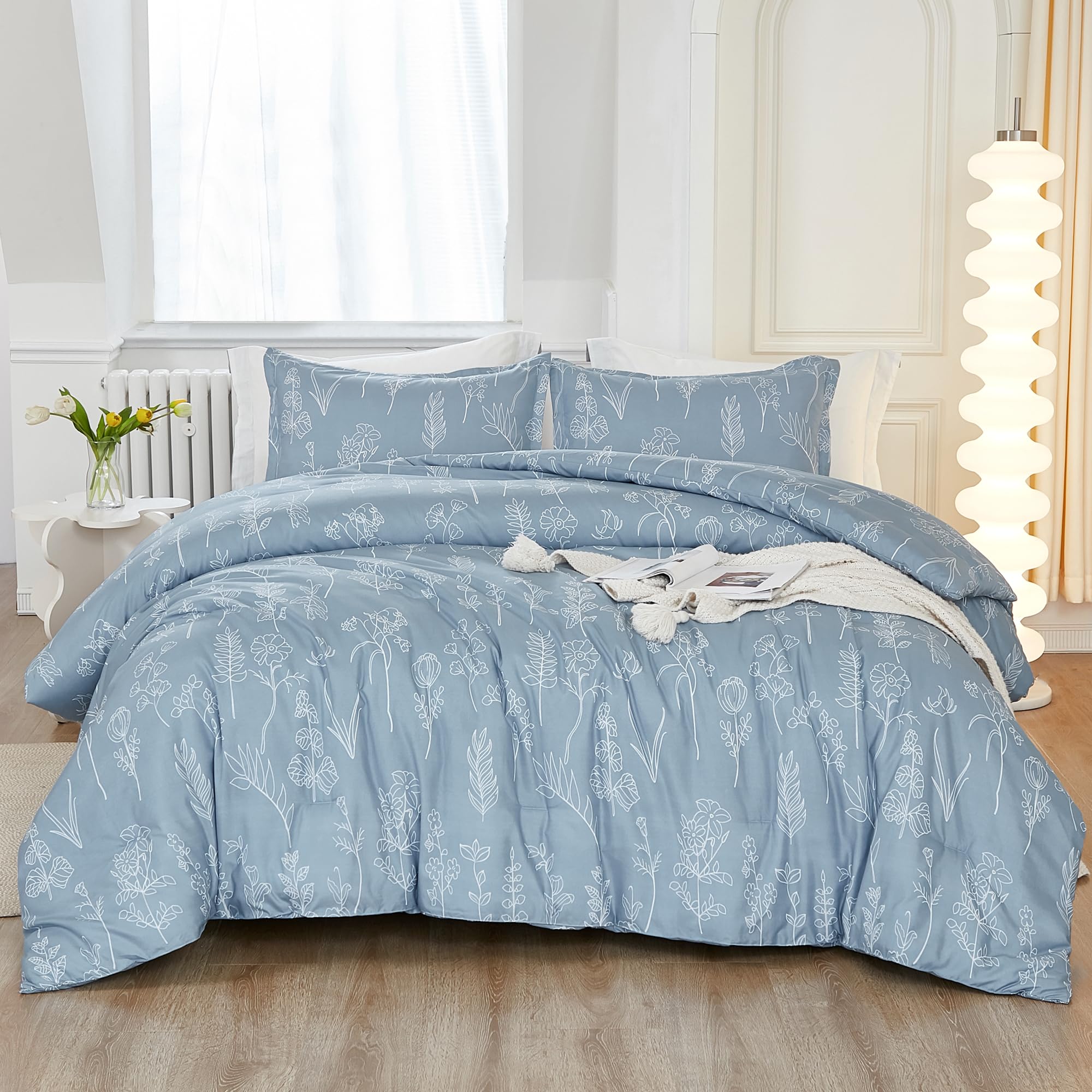 Litanika Grayish Blue Comforter Set Full, Full Size Comforter Sets Cute Floral Lightweight Bedding Comforter Sets 3 Pieces Gift Choice Flowers Botanical Bed Set (1 Comforter, 2 Pillowcases)