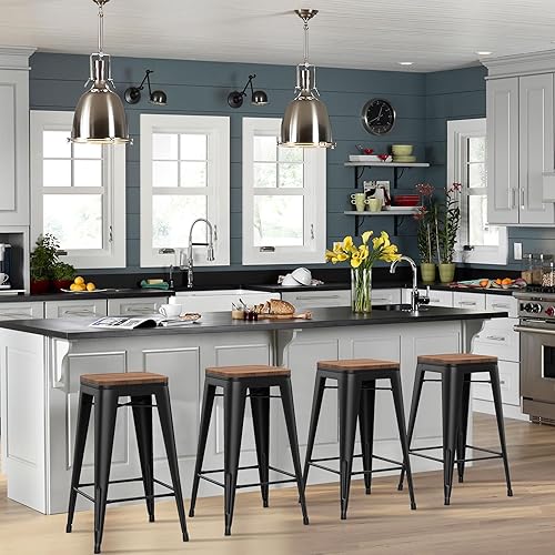 Miniatura 41 de [Juego de 4] Taburete metálico apilable industrial moderno para interior/exterior 17 pulgadas, Metal Plata sin espalda con madera,Sin espalda negro