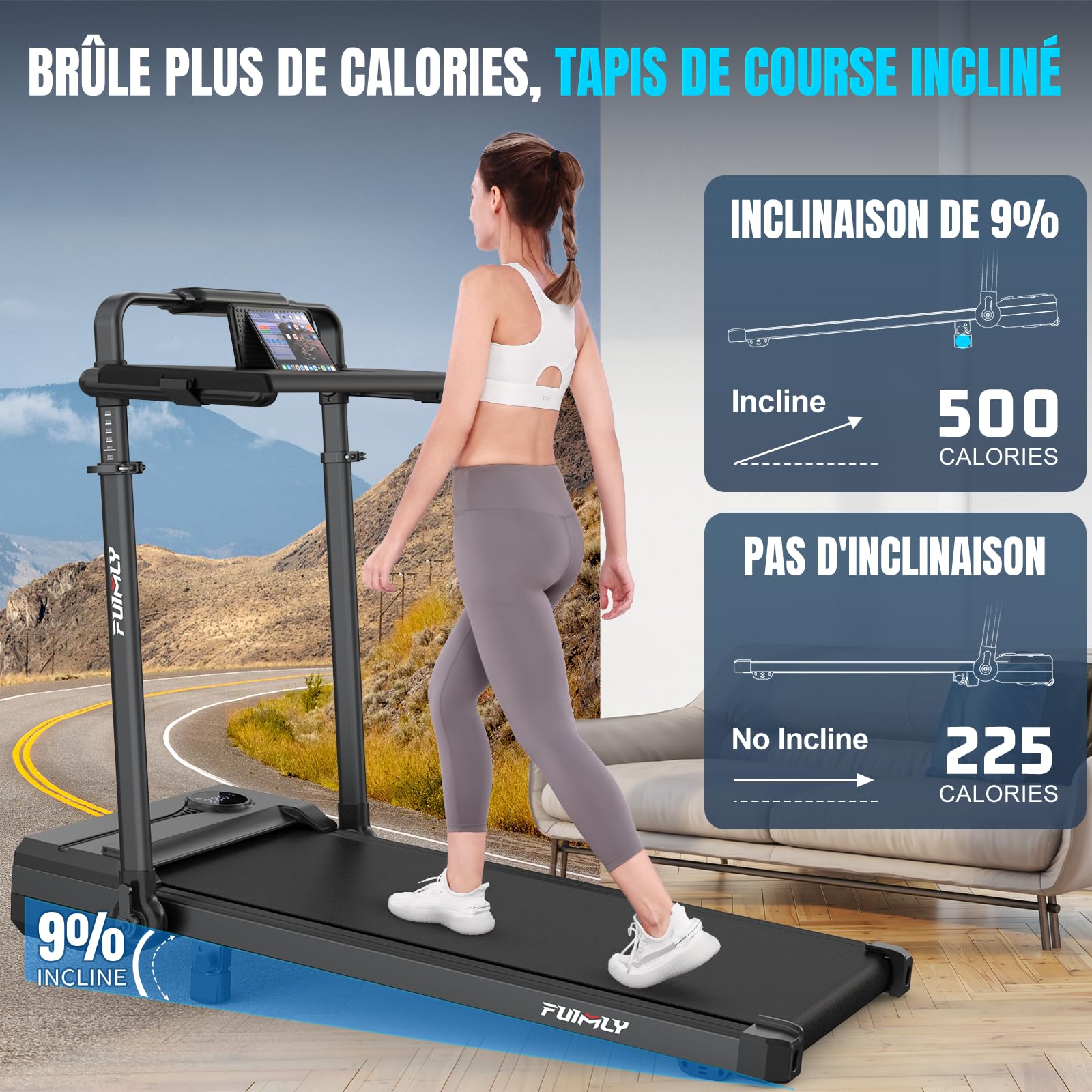Tapis de Course Pliable Inclinable avec Bureau, Tapis de Marche Inclinaison 9%, avec Barre, Capacité 136 kg+, Bureau Réglable en Hauteur et Amovible, Compact, Moteur 3,5 CV, pour Maison/Bureau