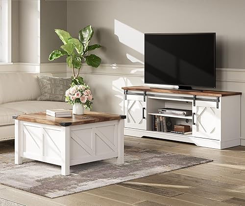 Miniatura 3 de WAMPAT Moderno soporte de TV de granja para TV de hasta 65 pulgadas con puerta corrediza de granero, centro de entretenimiento de madera de 23.6