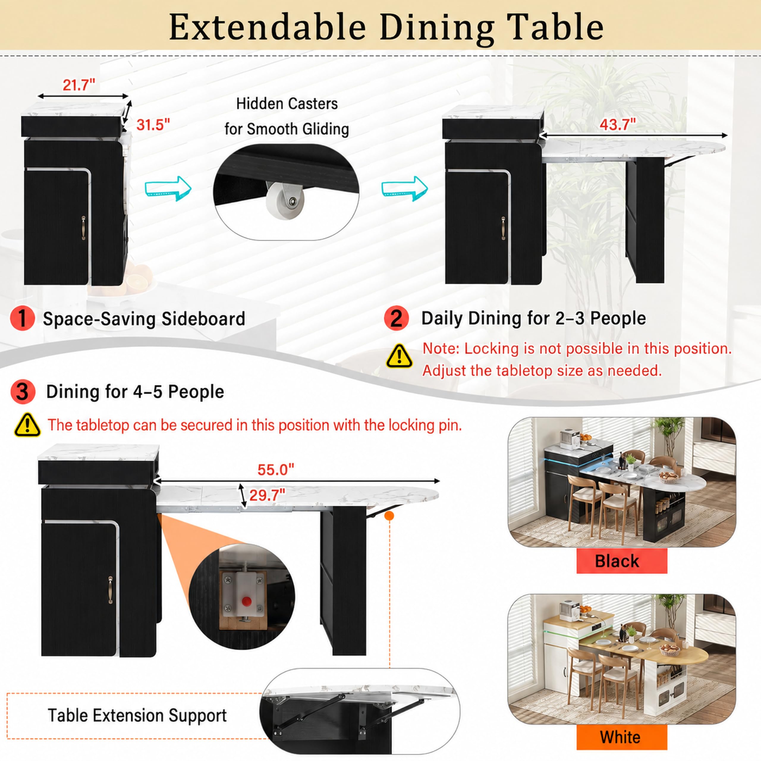 Isola da cucina con ruote, tavolo da pranzo allungabile, credenza con cassetti, credenza o tavolo da bar per cucina e sala da pranzo, nero