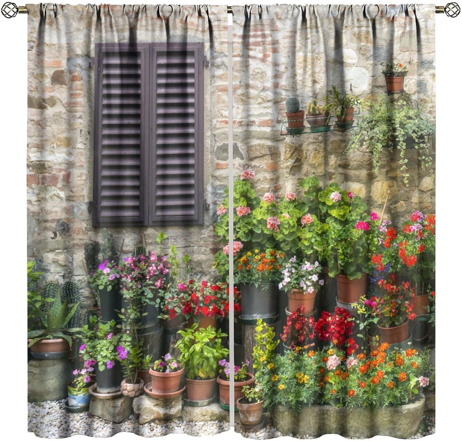 Italian Decor Window Curtain Rustic Potted European Italy City Town Style Spring Green Plants Garden Vintage for Home Kitchen Livingroom Coffee Room Window Curtain 2Panel 42" W X 54" L