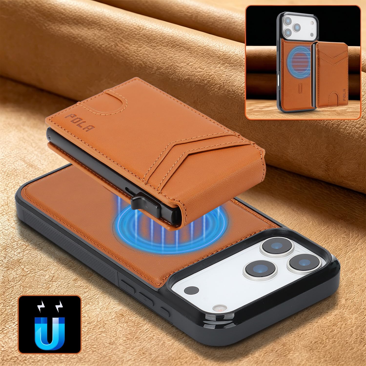 Funda para iPhone 15 2 en 1, Desmontable, con Compartimento magnético para Tarjetas, Cartera de Piel, Resistente a Golpes y protección RFID (para iPhone 15/Naranja).