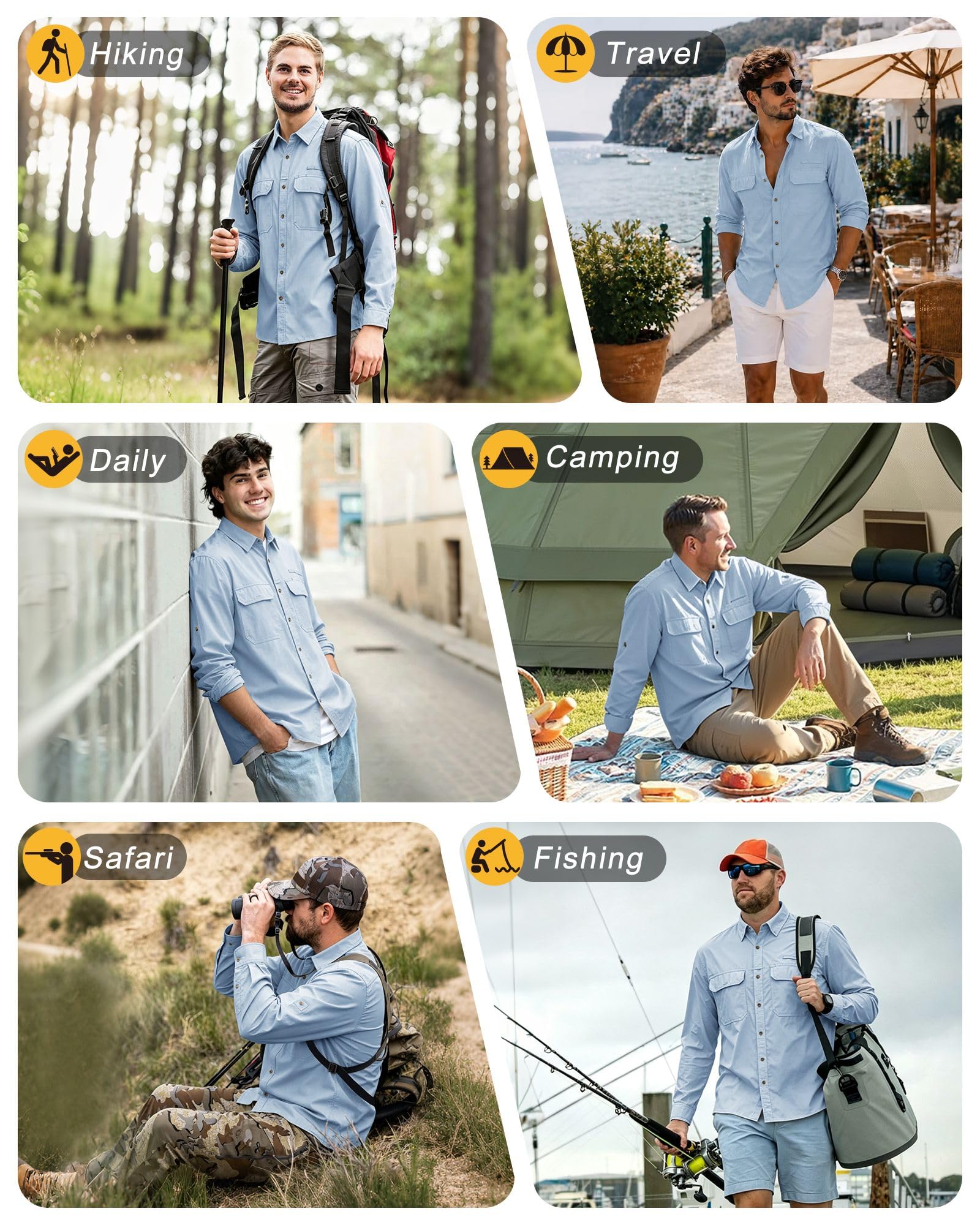 Outdoor Ventures Camisa de manga larga para hombre, camisa funcional para exteriores, de secado rápido, informal, transpirable, azul claro, L