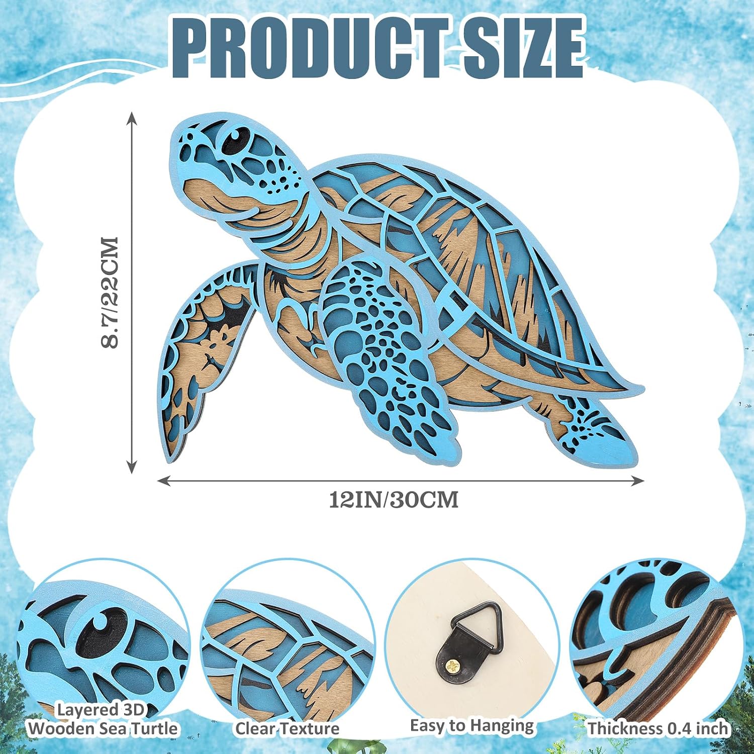 Yerliker 3D Wooden Sea Turtle Wall Decor Beach Coastal Art, Blue