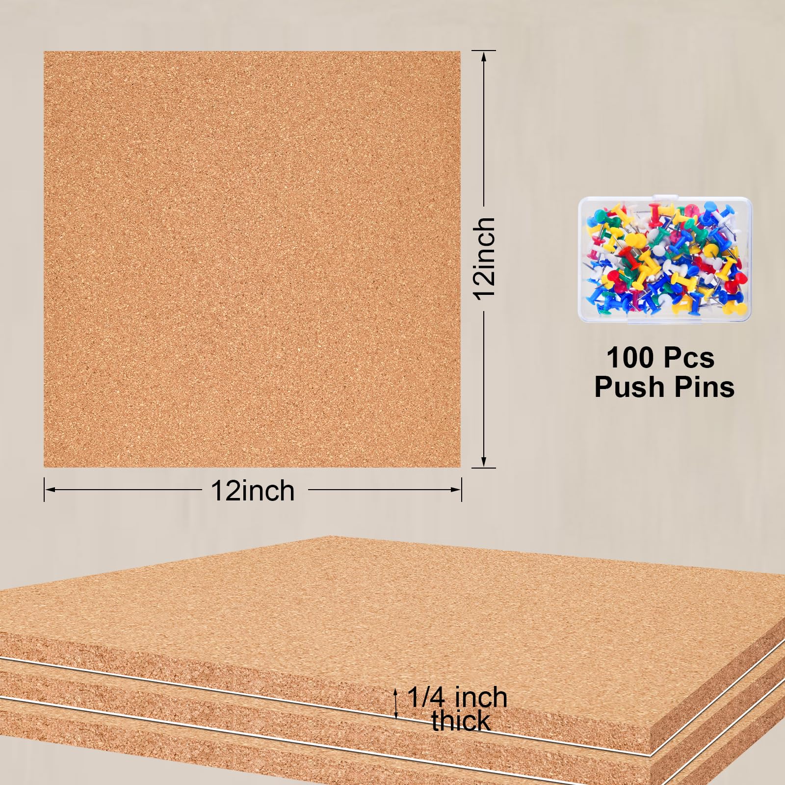 6 paneles de corcho cuadrados autoadhesivos para pared con 100 pines para tablones de anuncios, pared de corcho, decoración del hogar, escuela, oficina, (30 x 30 x 0,6 cm)