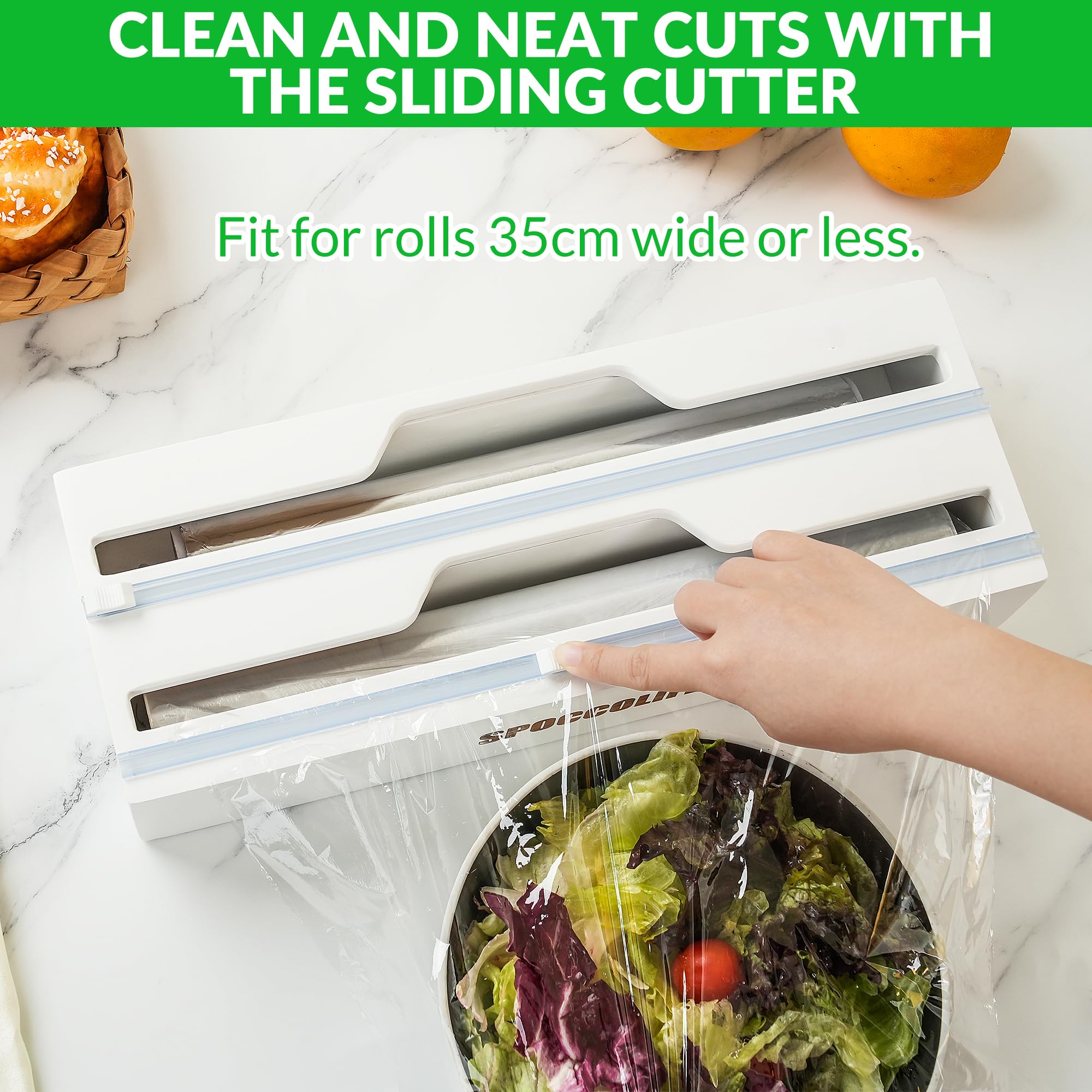 Dispensador y cortador de papel de aluminio y película adhesiva, compatible con rollos de 35 cm de ancho, organizador de papel de cocina para papel de pergamino (blanco)