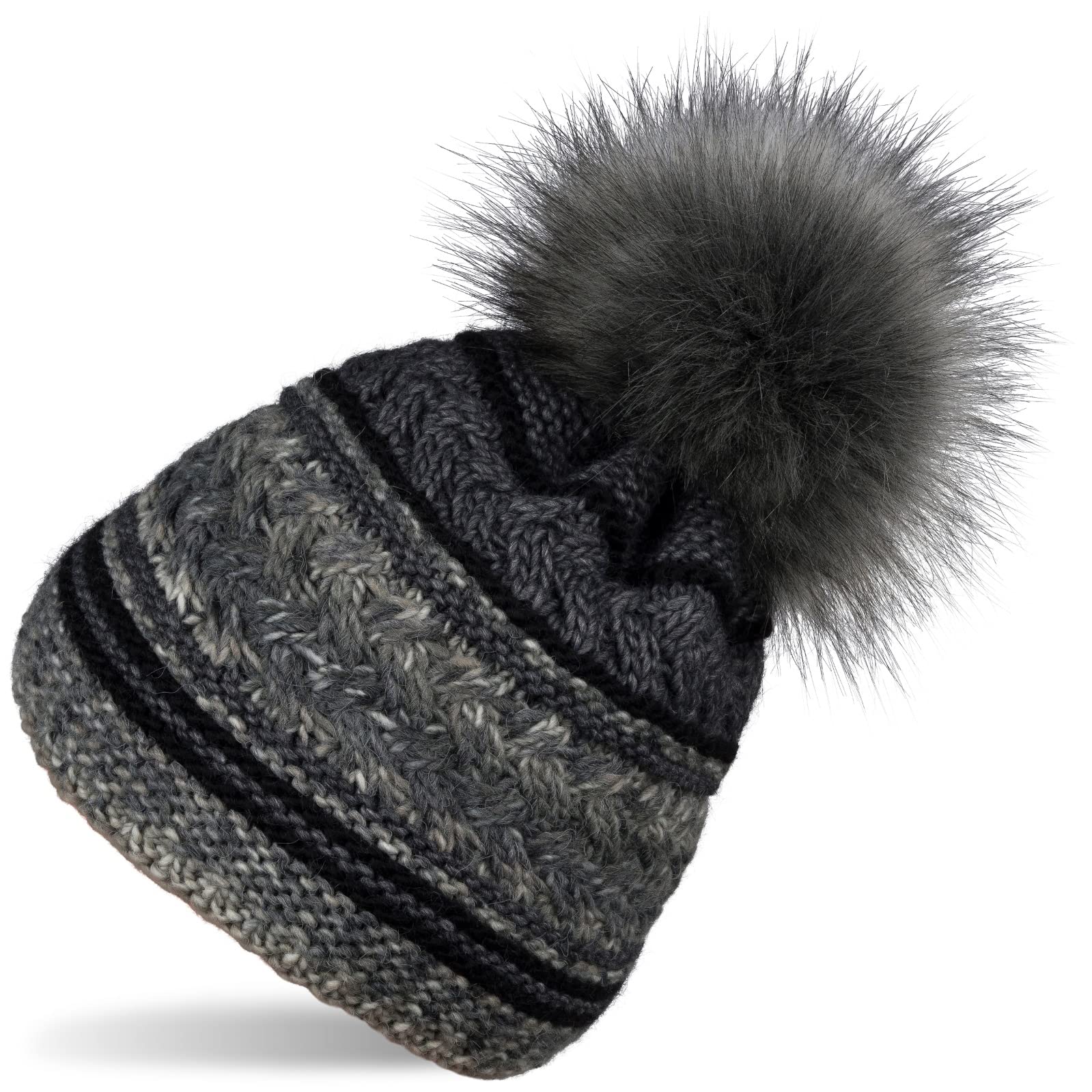 styleBREAKER Ladies Knitted Bobble hat with Colourful Pattern Mix and Fleece Lining, Winter Fur Bobble hat, Knitted hat 04024202, Colour:Black-Dark Grey