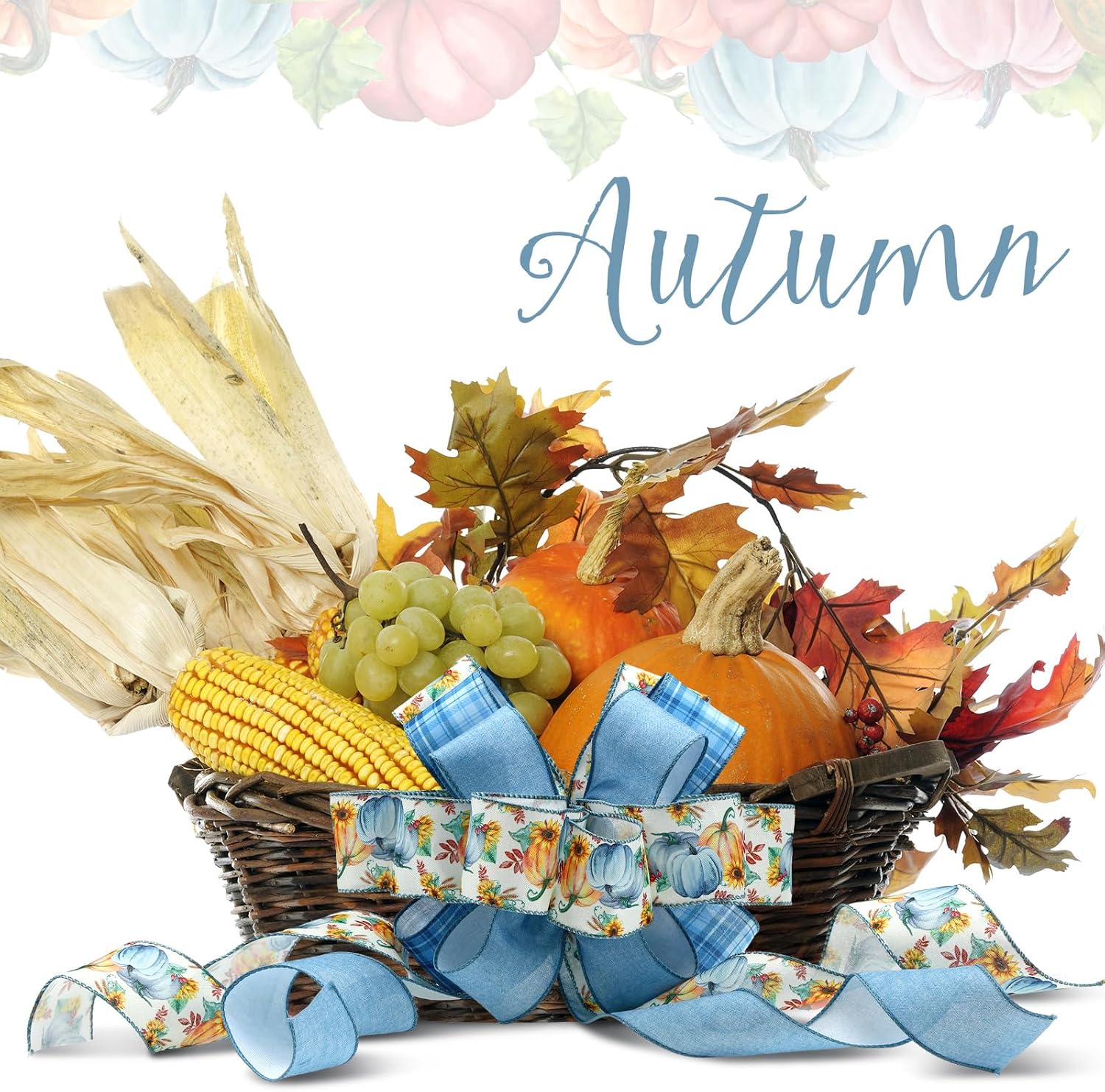 Riceshoot 3 Rolls Blue Fall Pumpkin Wired Ribbons 2.5 Inch x 30 Yards Thanksgiving Pumpkin Buffalo Plaid Ribbon Autumn Harvest Crafts for Wreaths Bow Making Supplies Gifts Wrapping Decoration