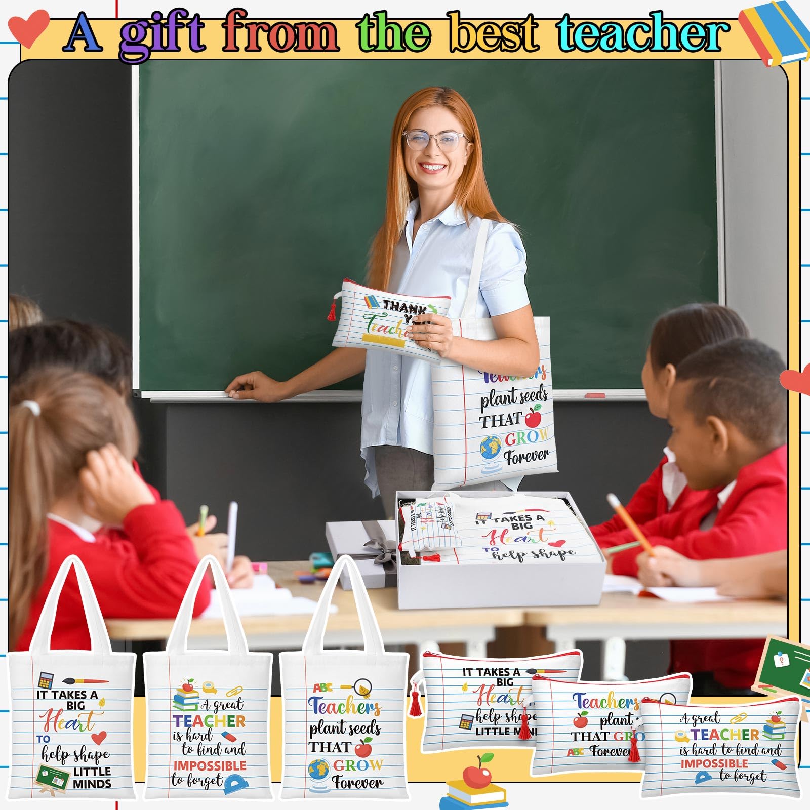 Paterr 12 Pcs Teacher Appreciation Gift Basket Filler Canvas Teacher Tote Bag Makeup Bag for Graduation School Classroom Gift