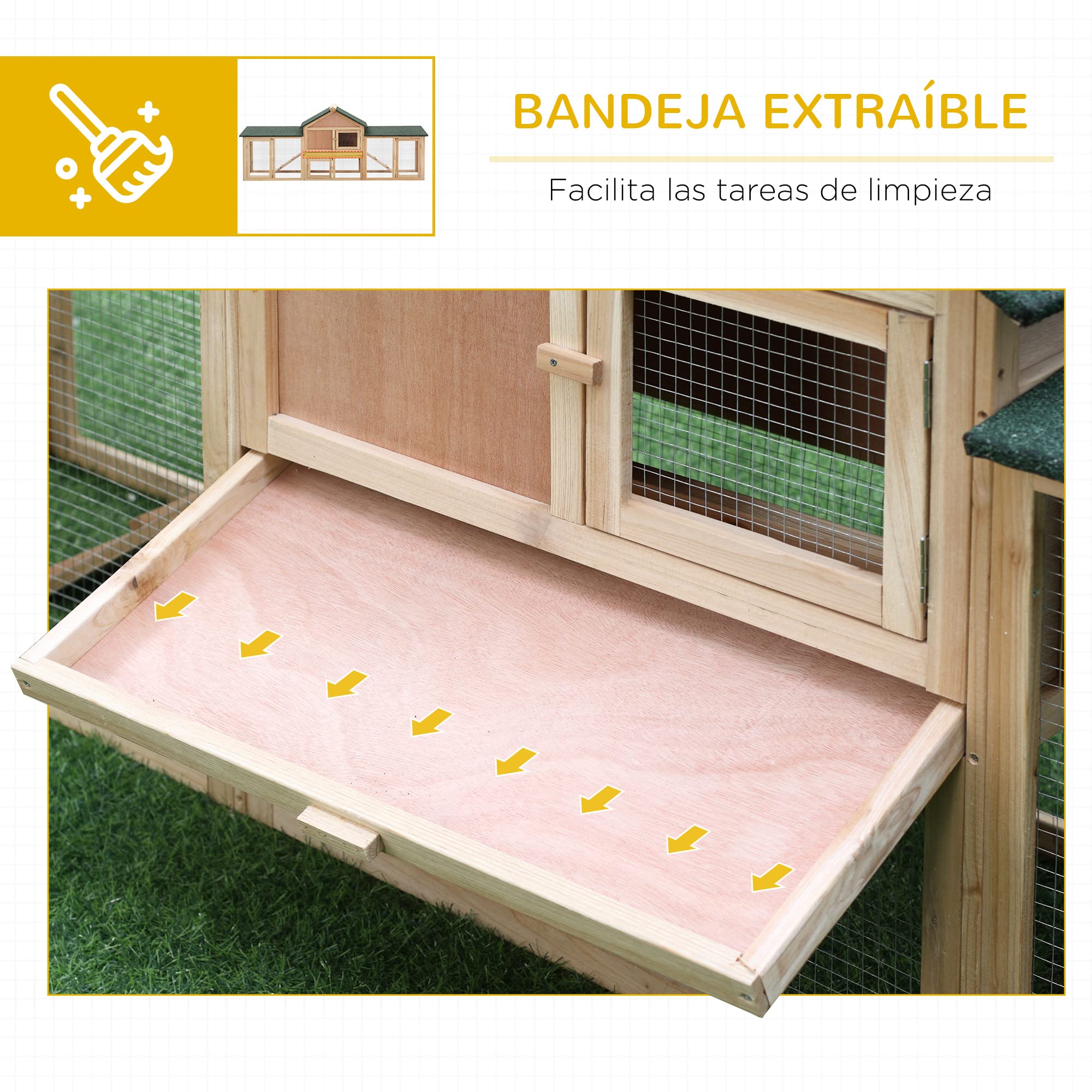 PawHut Conejera de Exterior Grande Gallinero Pajarera Granja Casa para Animales Pequeños Jaula Mascota Conejos Gallinero 210x45.5x84.5cm