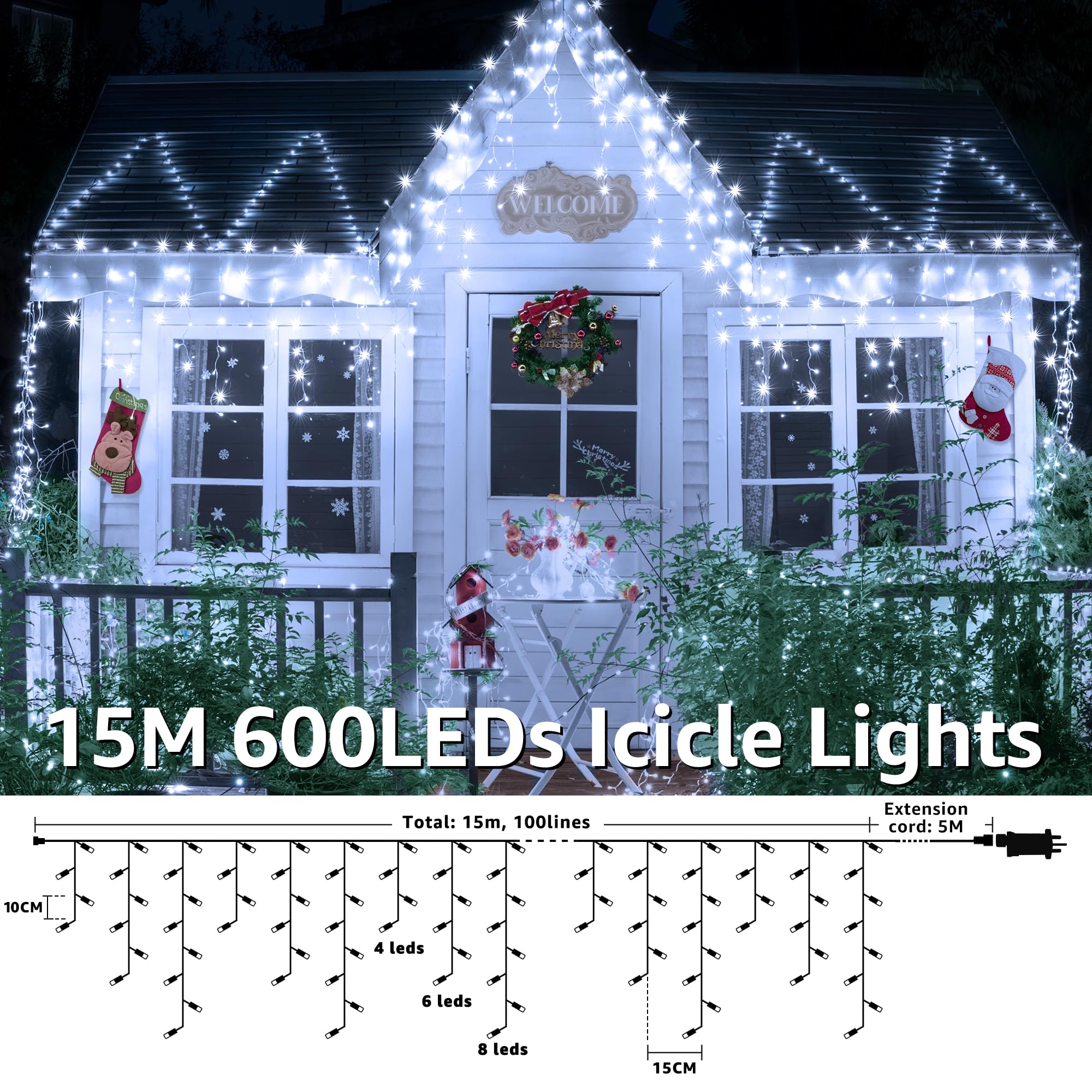 Hopexy Icicle Outdoor Christmas Lights, 600 LEDs 15m Waterproof Connectable Outside Fairy Light Mains Powered - Image 2