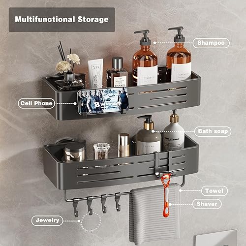 Miniatura 7 de Voldra Ventosa para regadera, paquete de 2 estantes de ducha para ducha interior, sin taladrar, organizador de duchas de succión de aluminio con