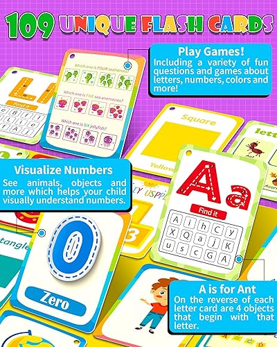 Miniatura 4 de Tarjetas flash del alfabeto para niños pequeños, juego de 109 letras, colores, formas y números, tarjetas didácticas de aprendizaje para niños