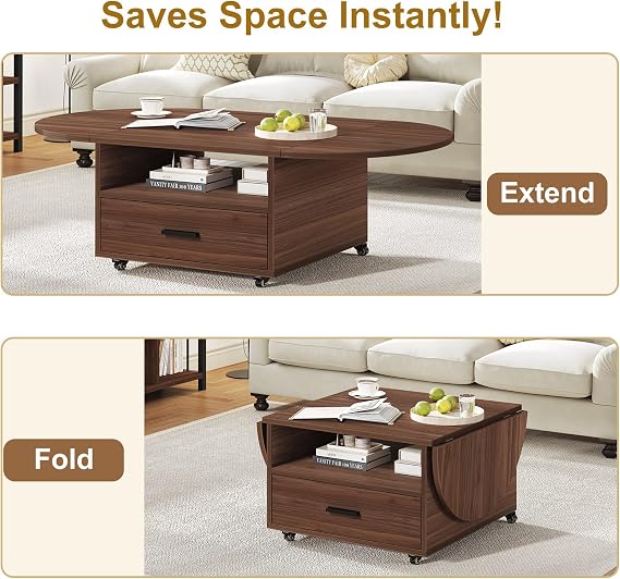 IBF Foldable Coffee Table with Drawer Storage, 47