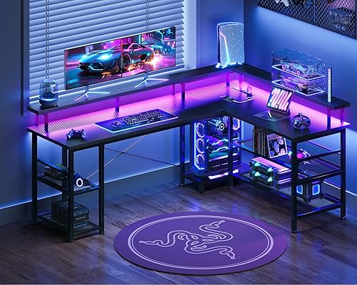 Miniatura 45 de ODK Escritorio para juegos en forma de L de 66 pulgadas con toma de corriente y luces LED, mesa de juegos de PC con textura de fibra de carbono,