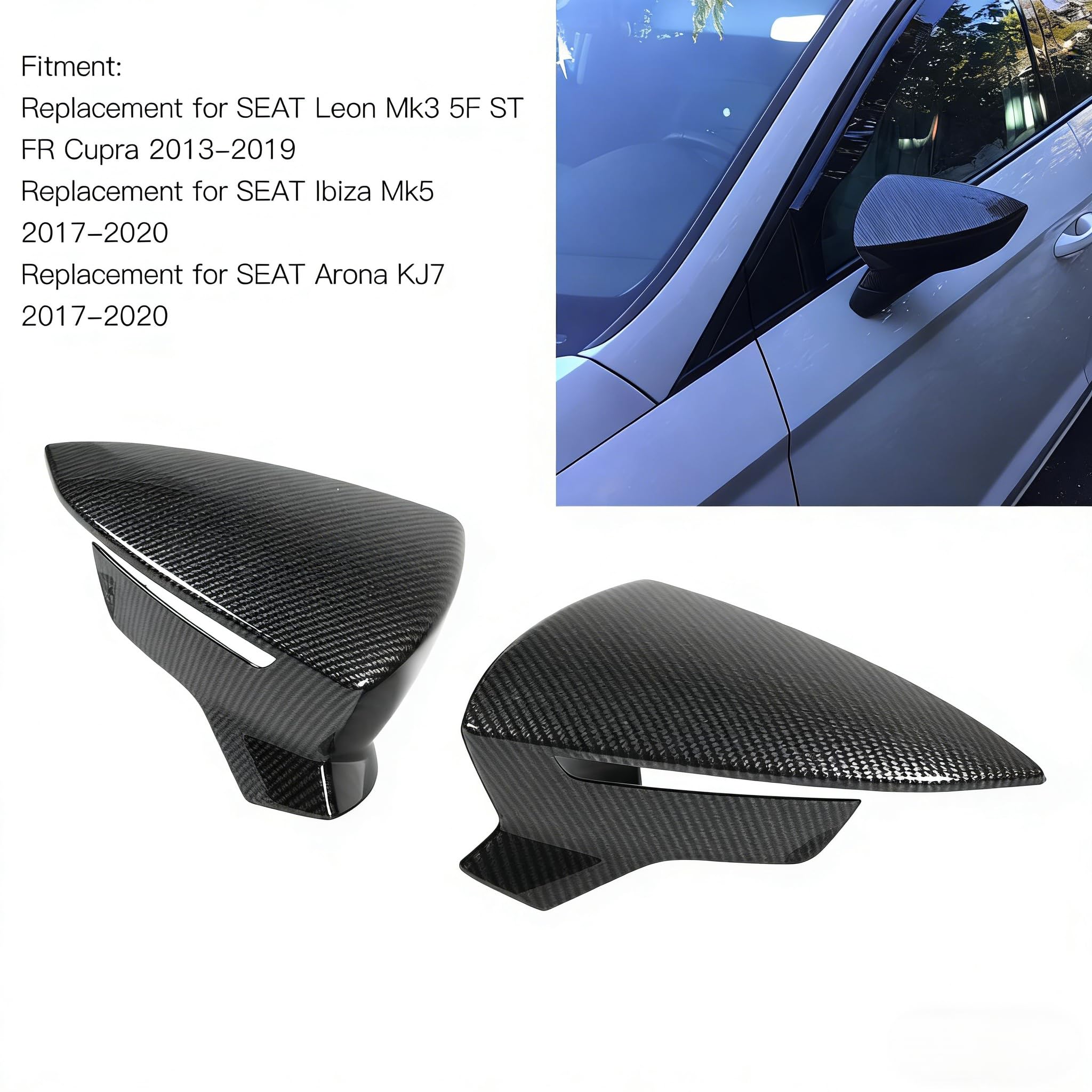2 uds espejo retrovisor raya cubierta embellecedor lateral ala espejo tapas reemplazo para Leon Mk3 5F ST FR Cupra 2013 2014 2015 2016 2017 2018 2019(Estilo de fibra de carbono)