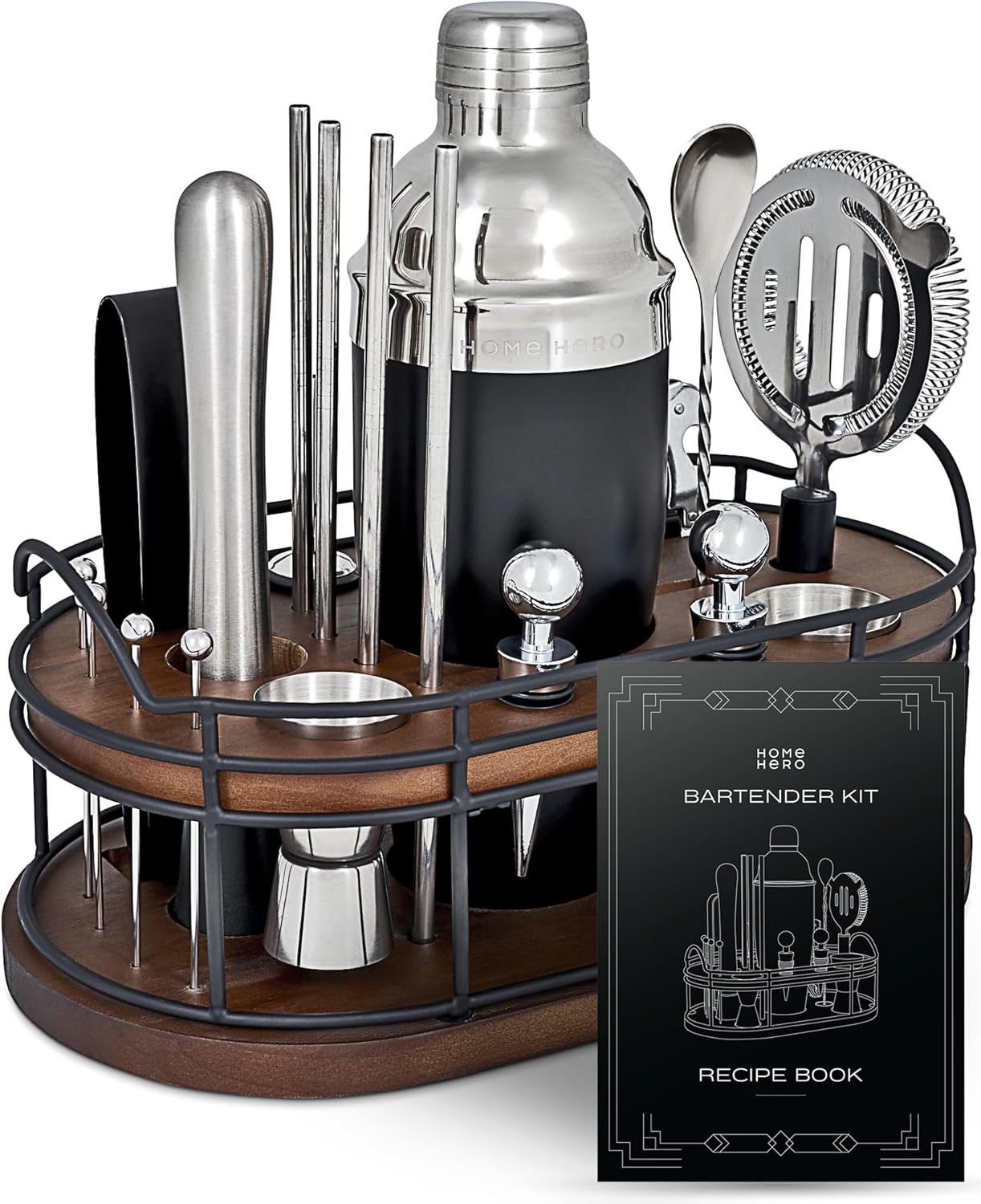 Home Hero Bartender Kit - 22-Piece Cocktail Shaker & Bar Tool Set - Wooden Stand Display & Bar Cart Accessories - Recipe Book & Housewarming Gifts - 22-Pc, Silver - Thumbnail 2