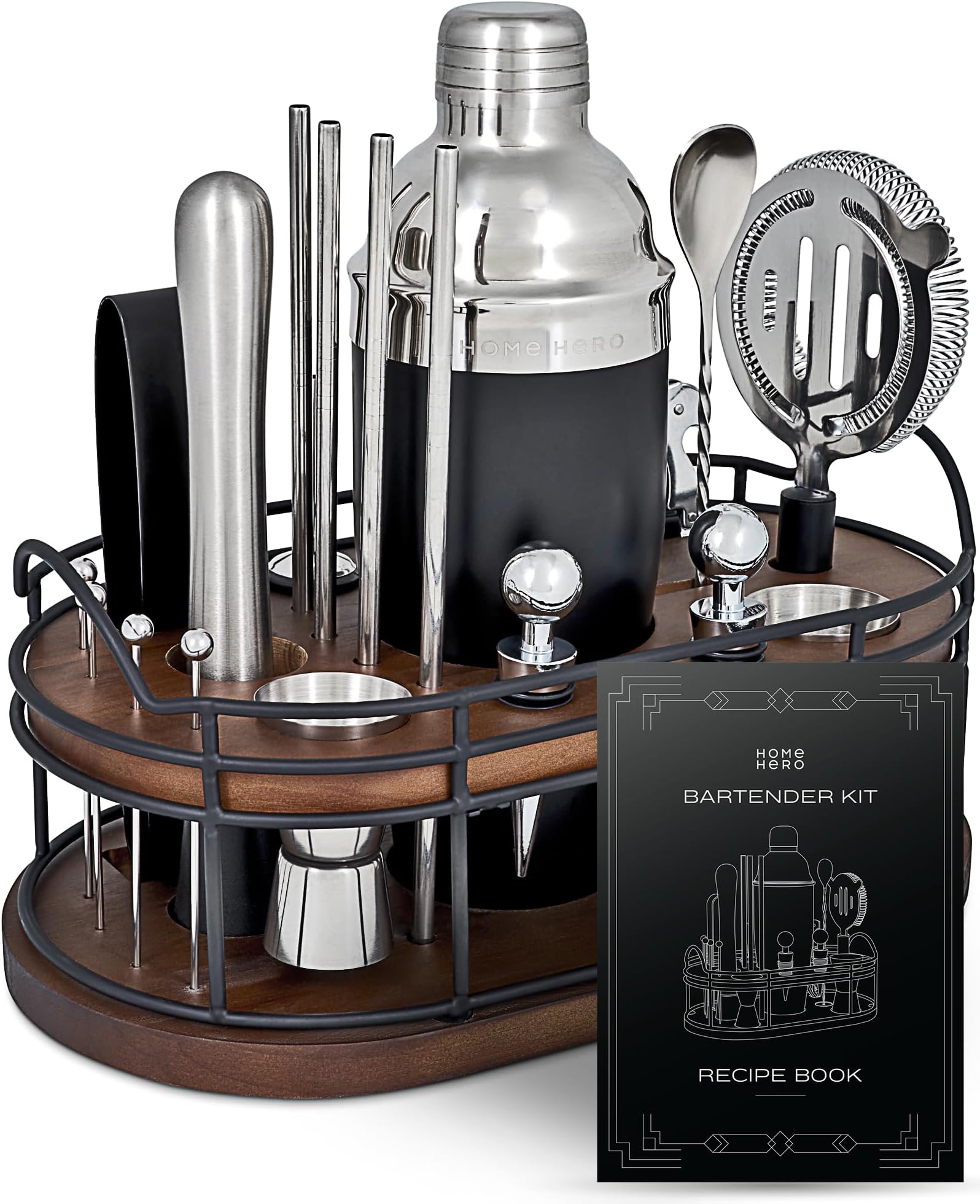 Home Hero Bartender Kit - 22-Piece Cocktail Shaker & Bar Tool Set - Wooden Stand Display & Bar Cart Accessories - Recipe Book & Housewarming Gifts - 22-Pc, Silver