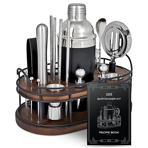 Home Hero Bartender Kit - 22-Piece Cocktail Shaker & Bar Tool Set - Wooden Stand Display & Bar Cart Accessories - Recipe Book & Housewarming Gifts - 22-Pc, Silver