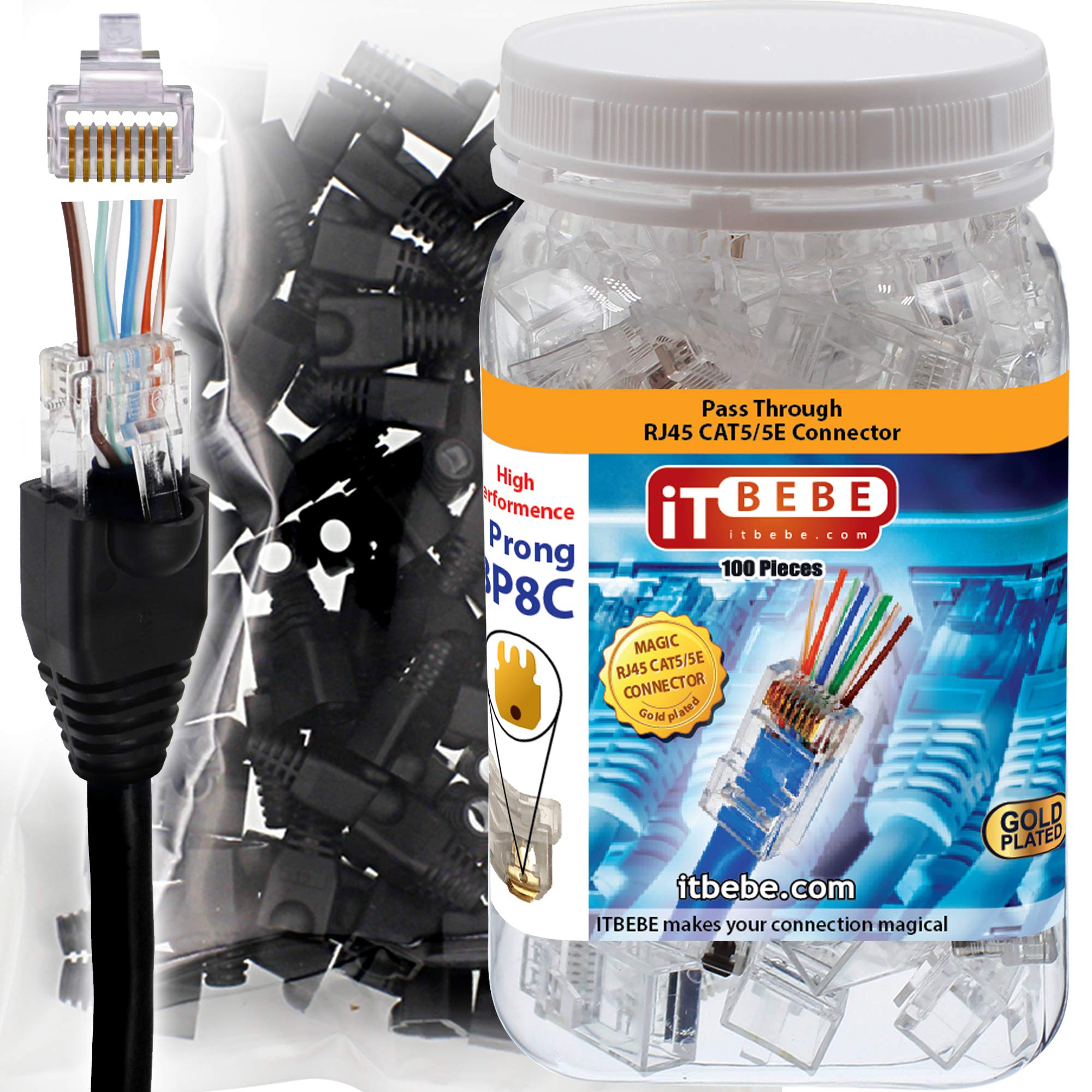 ITBEBE 100 Pieces RJ45 Cat5, Cat5e Pass Through connectors and 100 Pieces Black Strain Relief Boots for 24 AWG Cables