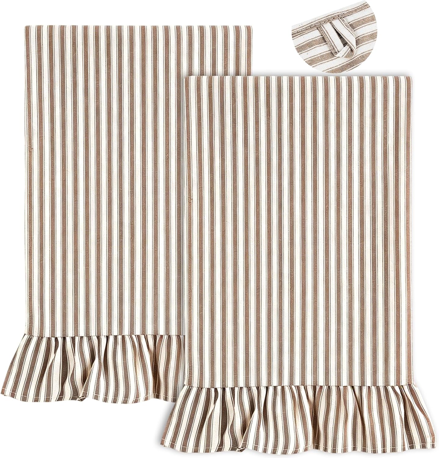 Set of 2 Taupe Striped Kitchen Towels, Farmhouse Ruffled, 18"x28"