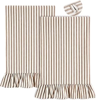 Set of 2 Taupe Striped Kitchen Towels, Farmhouse Ruffled, 18"x28" | Decorative Vintage Neutral Hand Towels with Hanging Loop, 100% Retro Cotton Dish Tea Cloths, Lightweight Soft, for Gift