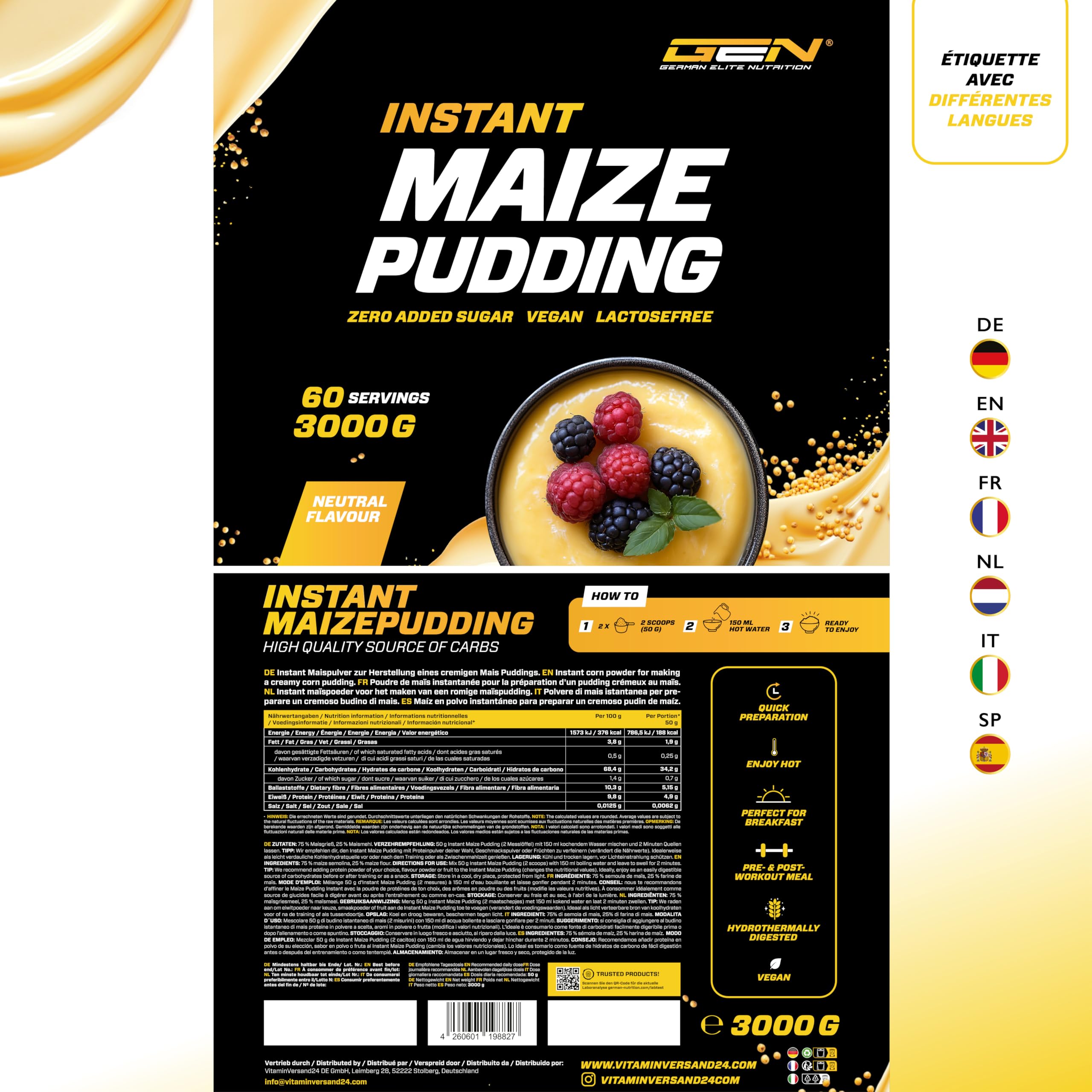 Maize Pudding Neutral 3kg - Pudding de maïs sans sucre - Avec des glucides complexes - Consistance crémeuse - Préparation rapide et facile - 100% maïs - Vegan