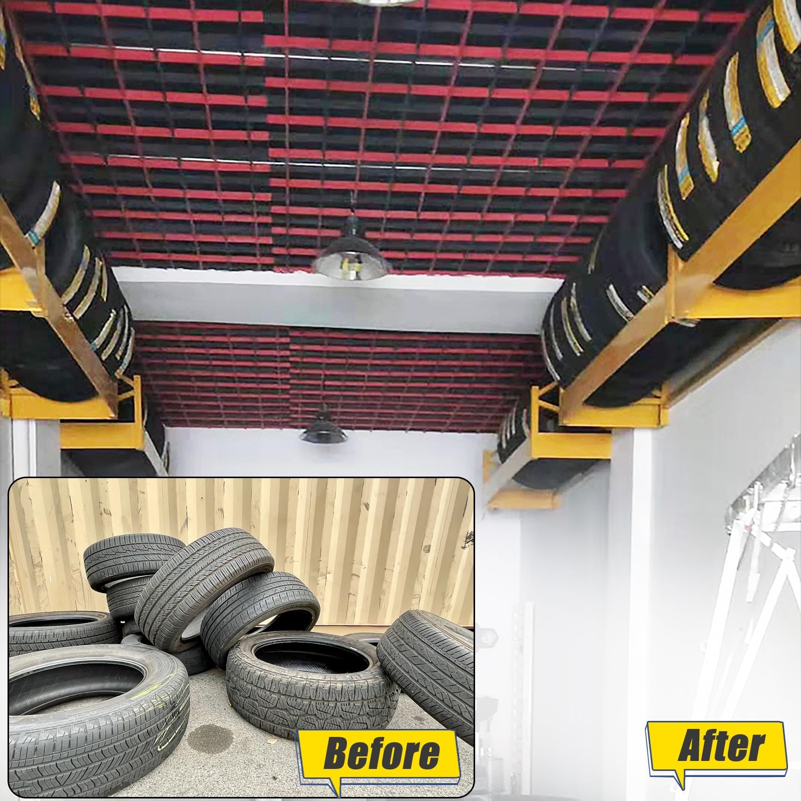 Generico Porta Pneumatici Regolabile da Parete, Organizer in Metallo per Pneumatici/Cerchi, Ideale per Garage, Magazzini, Appartamenti e Negozi - Giallo, 1 ripiano, 150x55x80 cm