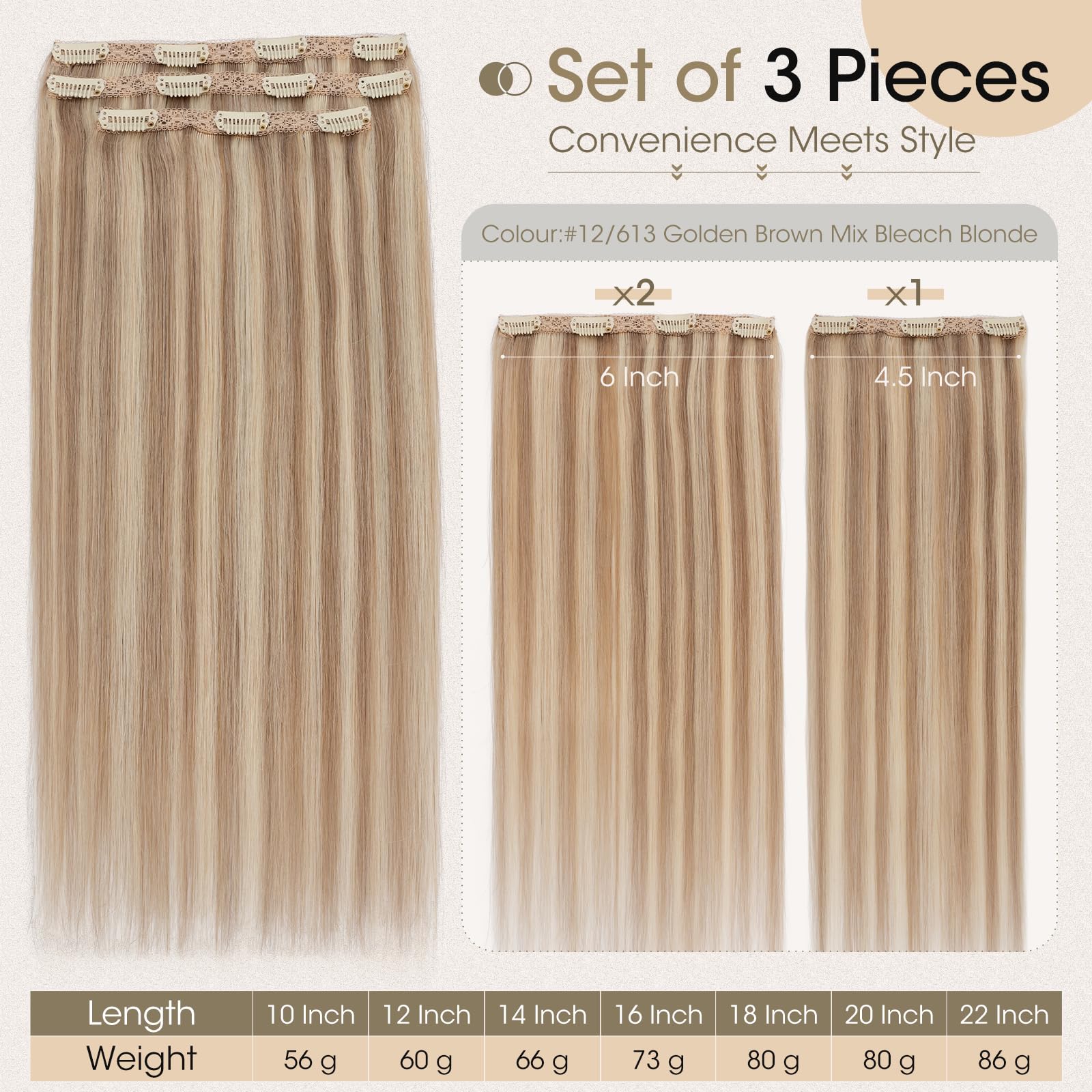 Elailite Clip In Hair Extensions Real Human Hair Remy #12/613 Golden Brown Mix Bleach Blonde Double Weft Seamless Hairpieces Straight 12 Inch (60 g) 60g 3 Pieces - Image 3