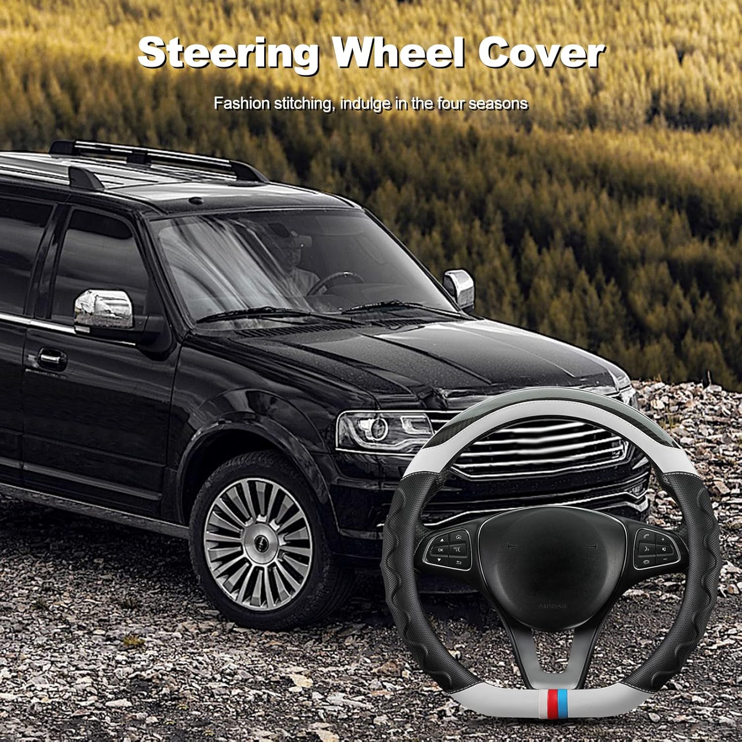 Ergocar D-Shape Car Steering Wheel Cover, Carbon Fiber Sports Wheel Cover, Breathable Anti-Slip Leather, Wear-Resistant and Durable for Four Seasons