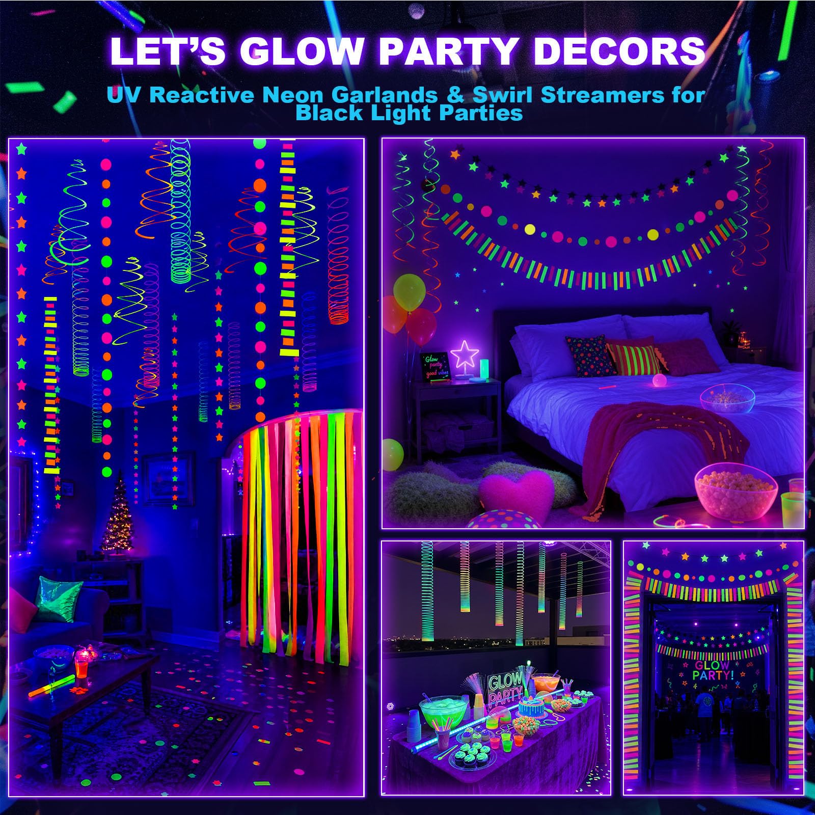 LovesTown 400FT Neon-Themed Party Decorations with 6 Spring Coils