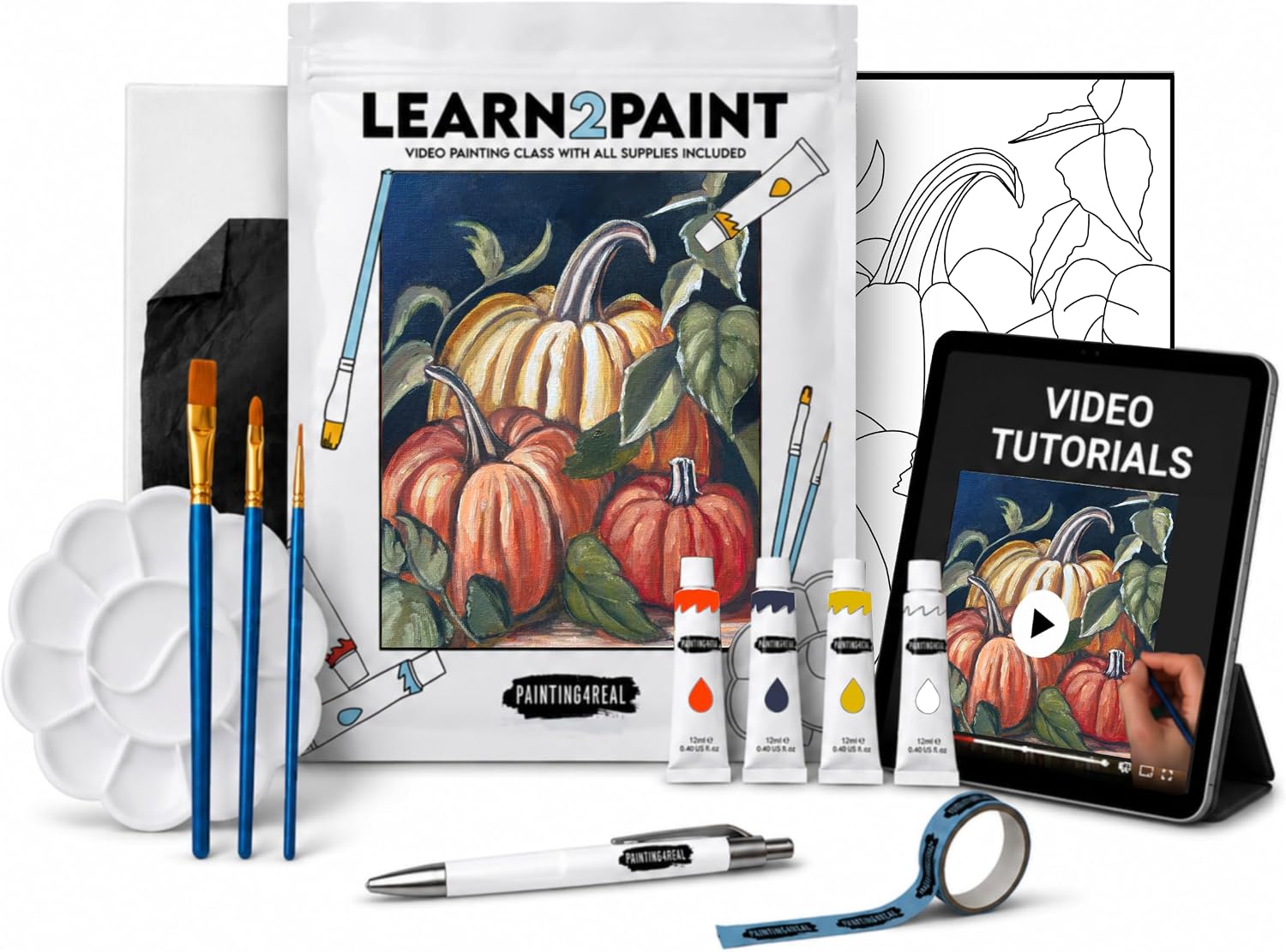 Painting4Real DIY Painting Class Kits for Adults with Video Tutorials Learn to Paint Pumpkin, How to Paint with Acrylic Paint Sets for Adult, 9 Pieces Art Set & Painting Supplies Gift for All Occasion