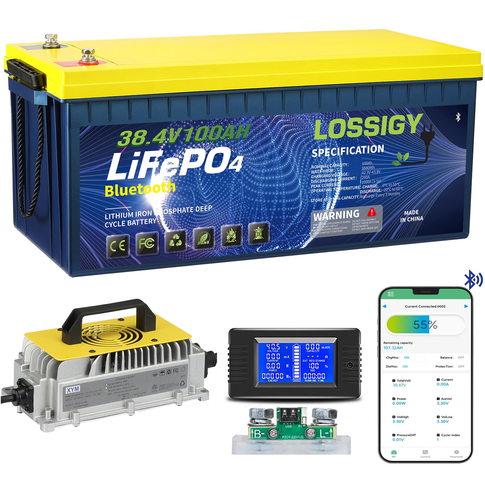 LOSSIGY 36V Lithium Golf Cart Battery with 25A Charger, 36 Volt Golf Cart Conversion Kit, Prefect for Trolling Motor, Marine, Boat, Built in 200A Bluetooth BMS, Peak Current 1000A(3-5s)