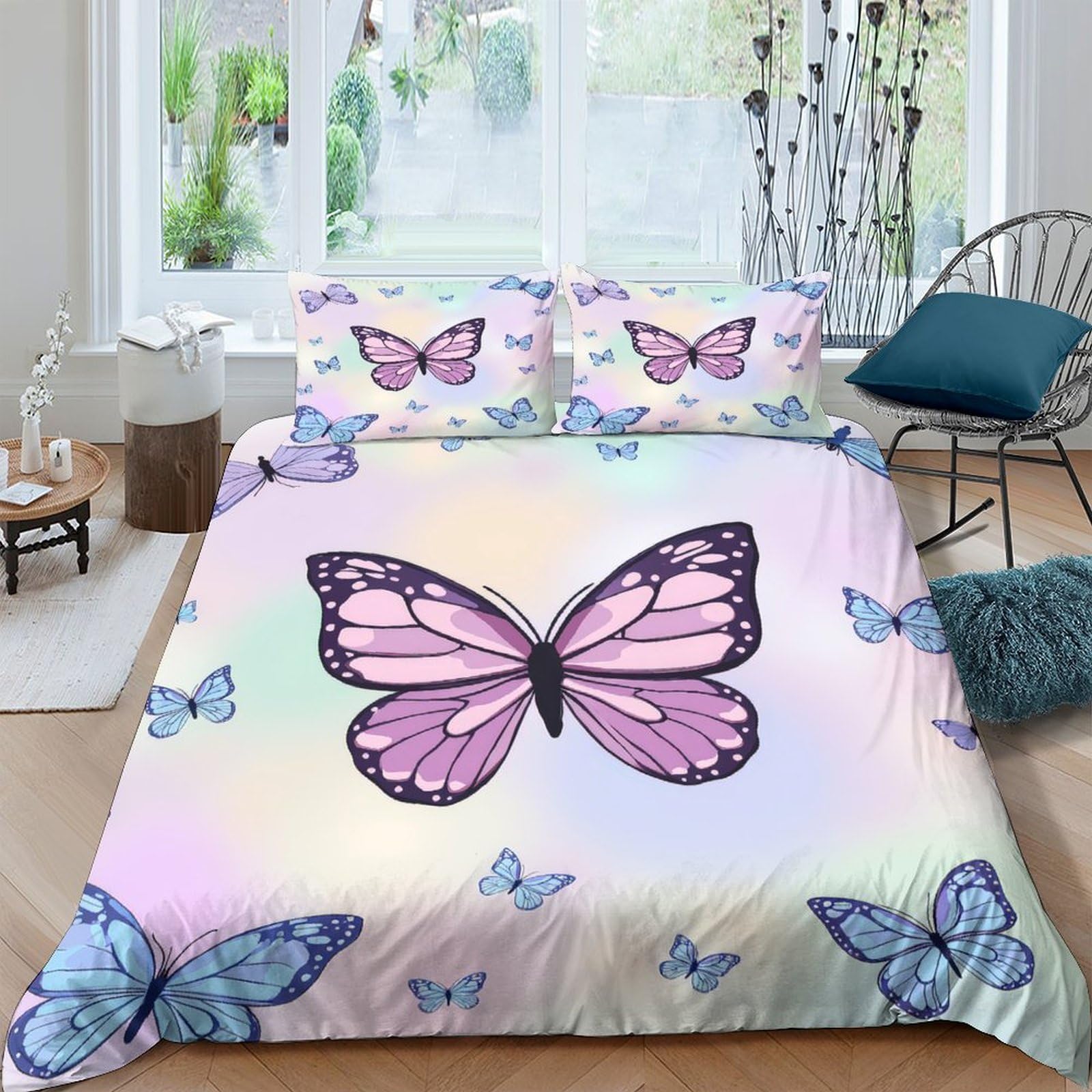 GPLZQXKJNH 3D Printed Purple Butterfly Duvet Cover Microfiber Soft Breathable Pastel Blue Butterfly Bedding Set with 2 Pillowcases for Bedroom Home Decor Single（135x200cm）