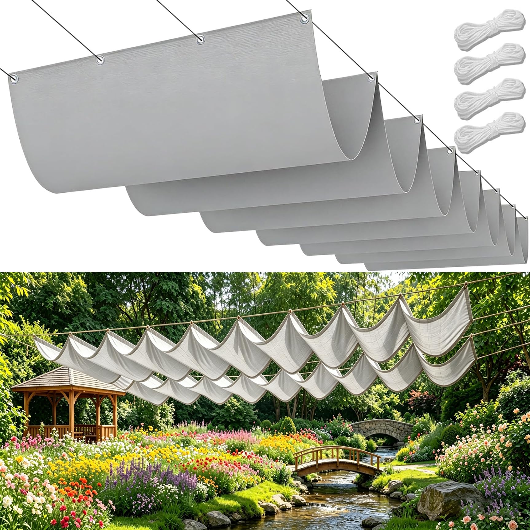 Toldo retráctil ondulado gris claro de 85x370 cm con protección solar