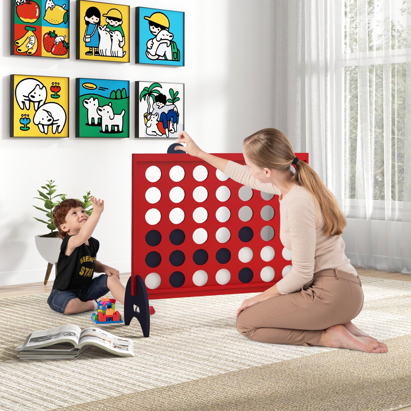 COSTWAY Giant 4-to-Score Game Set, 4-in-A-Row Game Set w/42 PCS Jumbo Rings & 600D Oxford Fabric Carrying Bag, One-Hand Release Lever, Line-up-4 Game for Kids, Adults Indoor & Outdoor Use (Red)