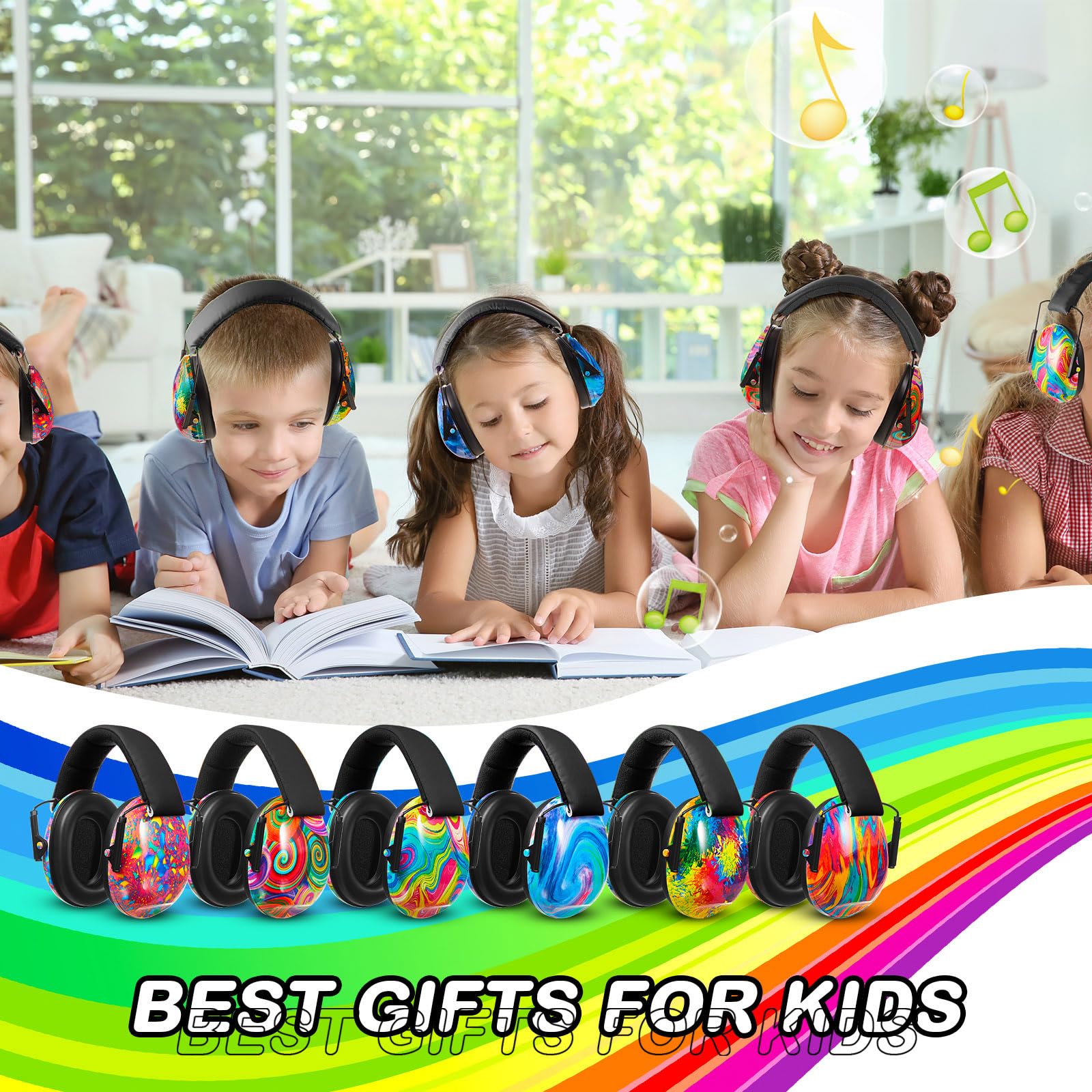 Amylove Kinder-Ohrenschützer, Geräuschunterdrückung, verstellbare Ohrenschützer (helle Farben, Batikfärbung), 6 Stück, Leuchtende Farben, Tie Dye
