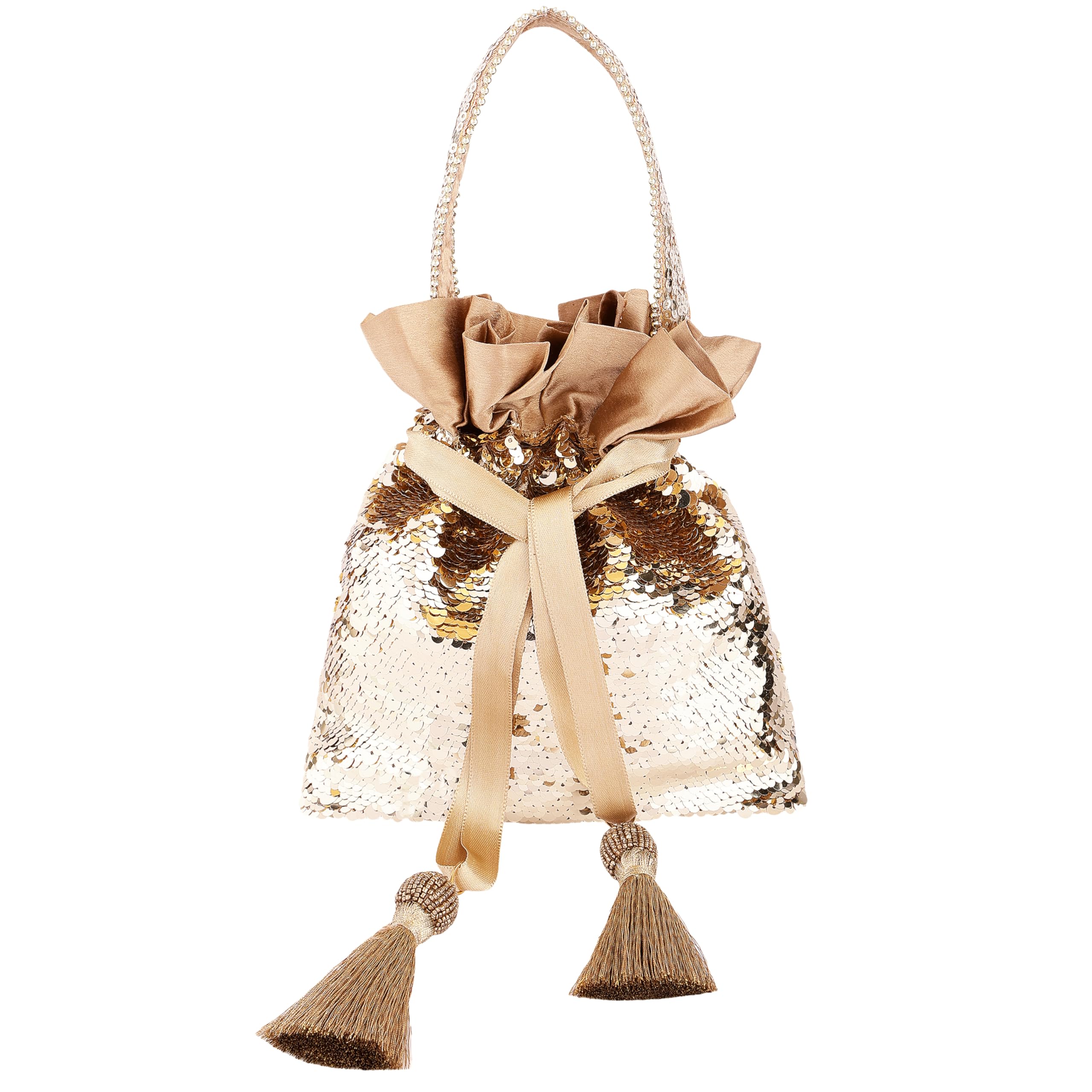 by Q-One Gold Sequin Potli Bag for Women | Party & Wedding Clutch Bag | Handcrafted Drawstring Potli with Tassels | Festive & Ethnic Gift Pouch for Ladies