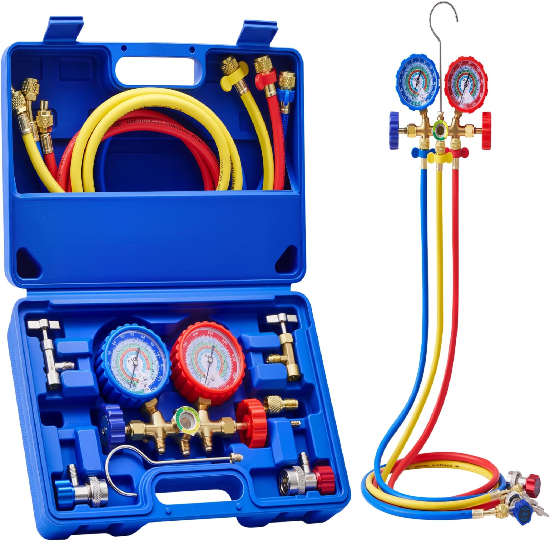 Orion Motor Tech AC Gauge Set, 3-Way AC Manifold Gauge Set for R12 R134a R502 R22 Refrigerant with 5 ft. Hoses, Automotive A/C Gauge with R134a Couplers Self-Sealing & Piercing Can Taps 29° Adapter