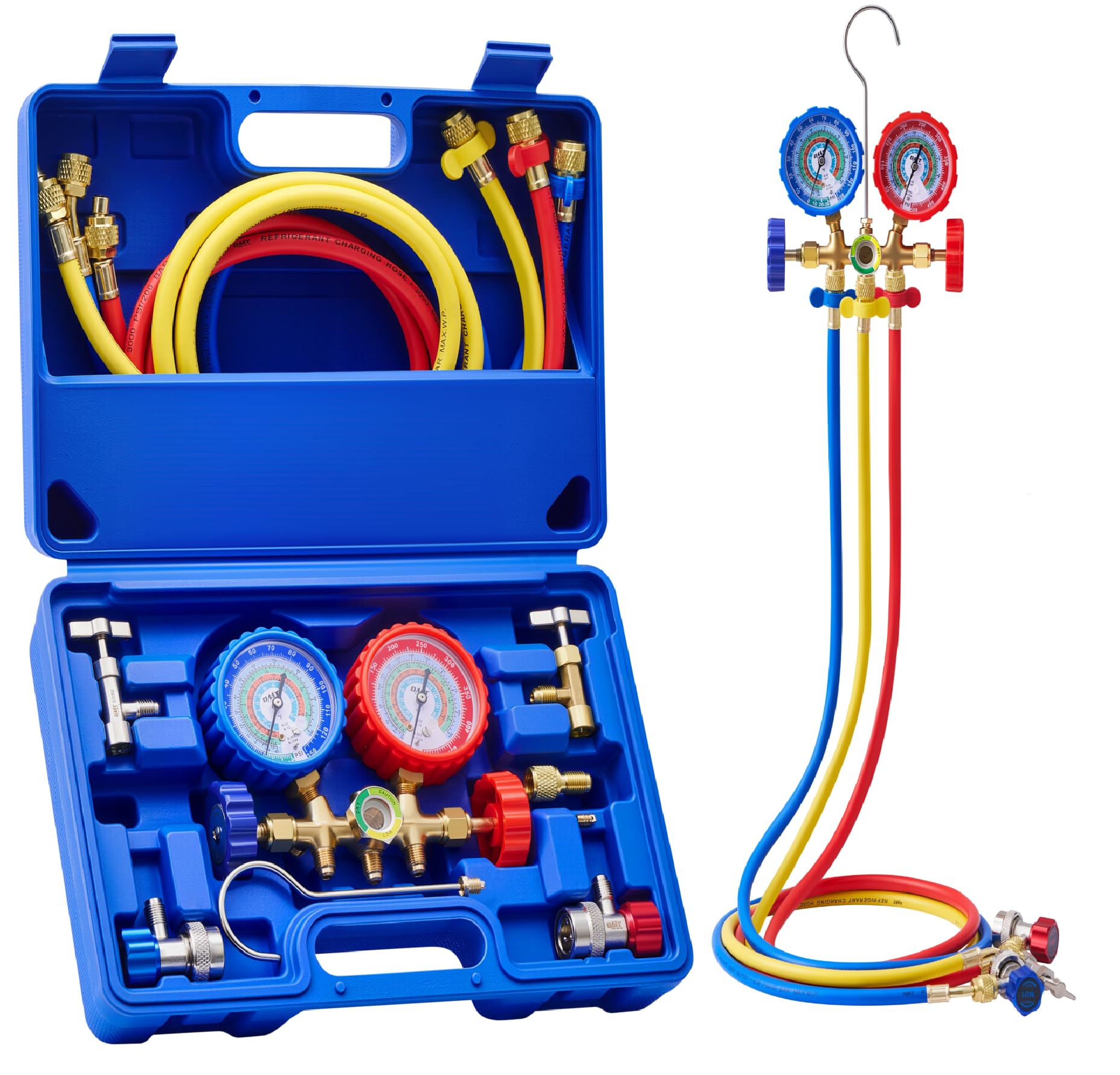 OMT 3-Way AC Manifold Gauge Set for R12 R134a R502 R22, 5 ft Hoses