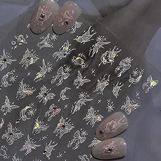 5D Embossed Butterfly Nail Art Stickers Decals White Holographic Glitter Design Butterfly Star Moon Nail Decals Self-Adhesive Sticker Manicure Supplies for Women Girls DIY Nails Art Decorations
