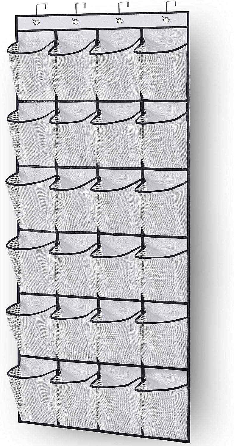 24 Large Mesh Pockets Over The Door Shoe Rack, Hanging Shoe Organizer and Hanging Closet Organiser for Shoe Rack Holder Hanger, White Transparent Cloth Mesh