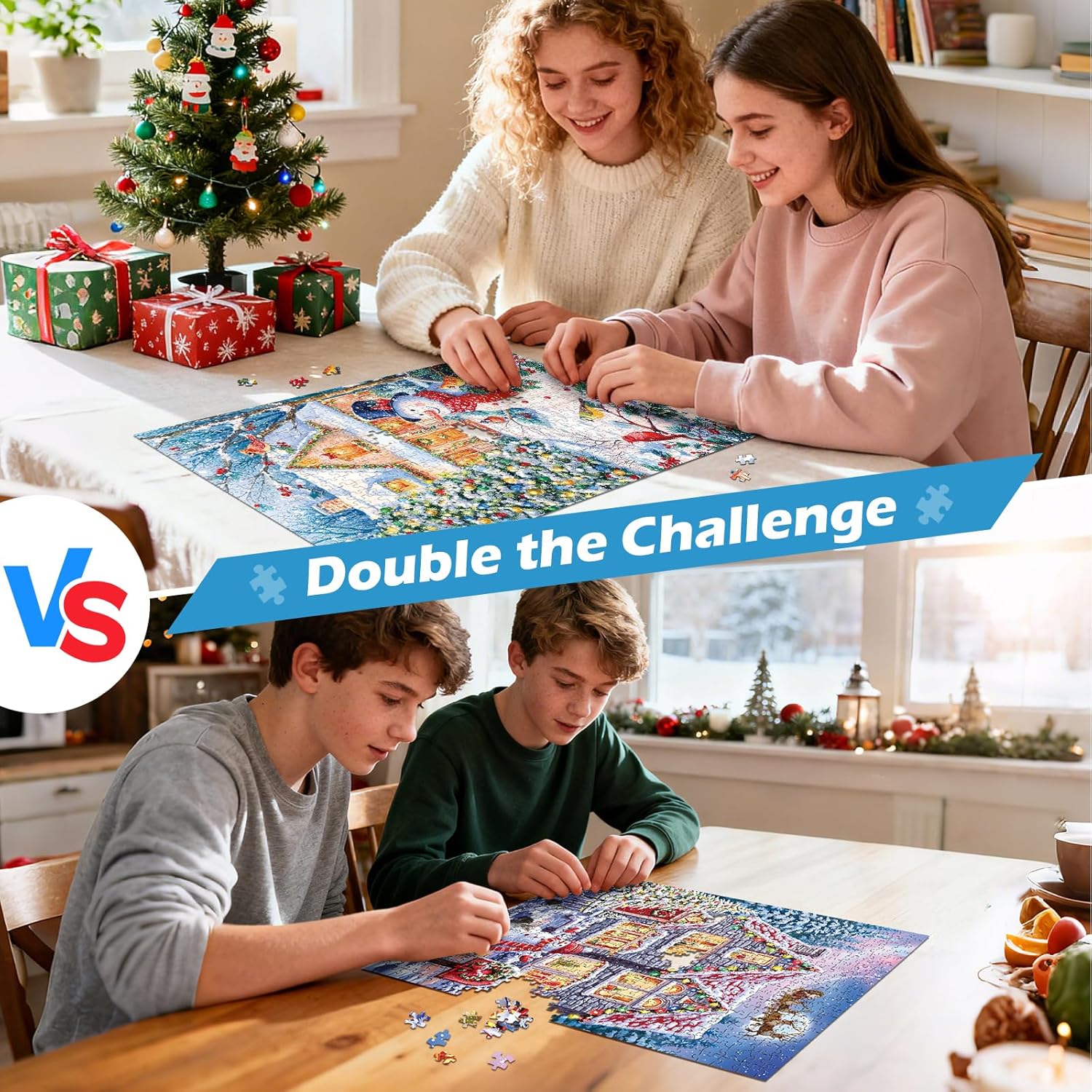 Noceba 2 Pack Winter Jigsaw Puzzles for Adults 500 Pieces, Snowy Cottage & Snowman Scene, Cozy Countryside Landscape with Santa & Cardinals, Relaxing Indoor Hobby,Fun Family Activity Game