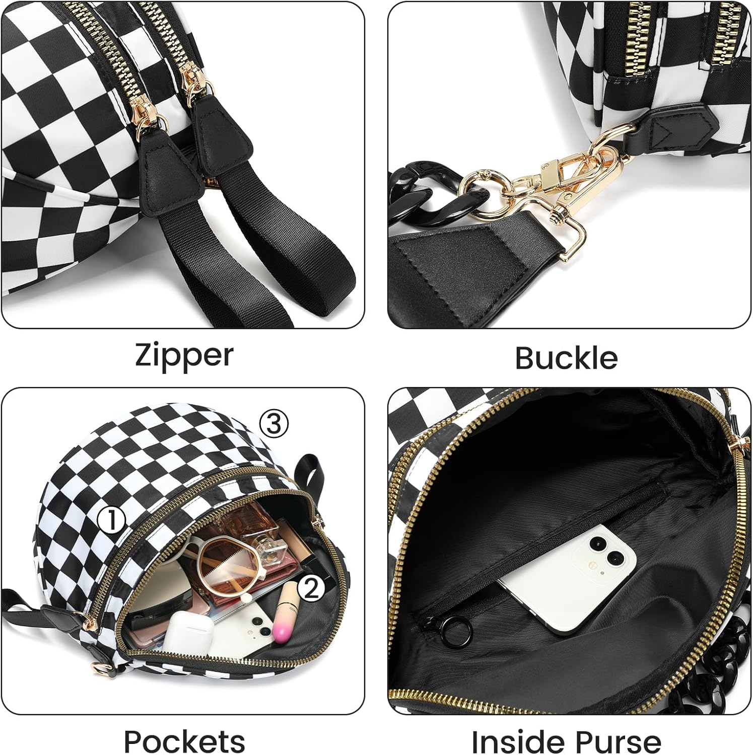 Crossbody Bags for Women Chain Bum Handbag, Checkered Strap Roomy Versatile Mom-Friendly Bag with Multiple Pockets - Image 6