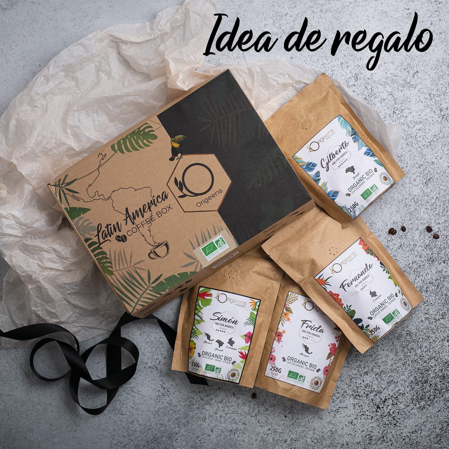 Cafe En Grano Ecólogico 1kg | Granos de Cafe Arabica 4x250g, Tostado Artesanal | Caja Cafe Regalo