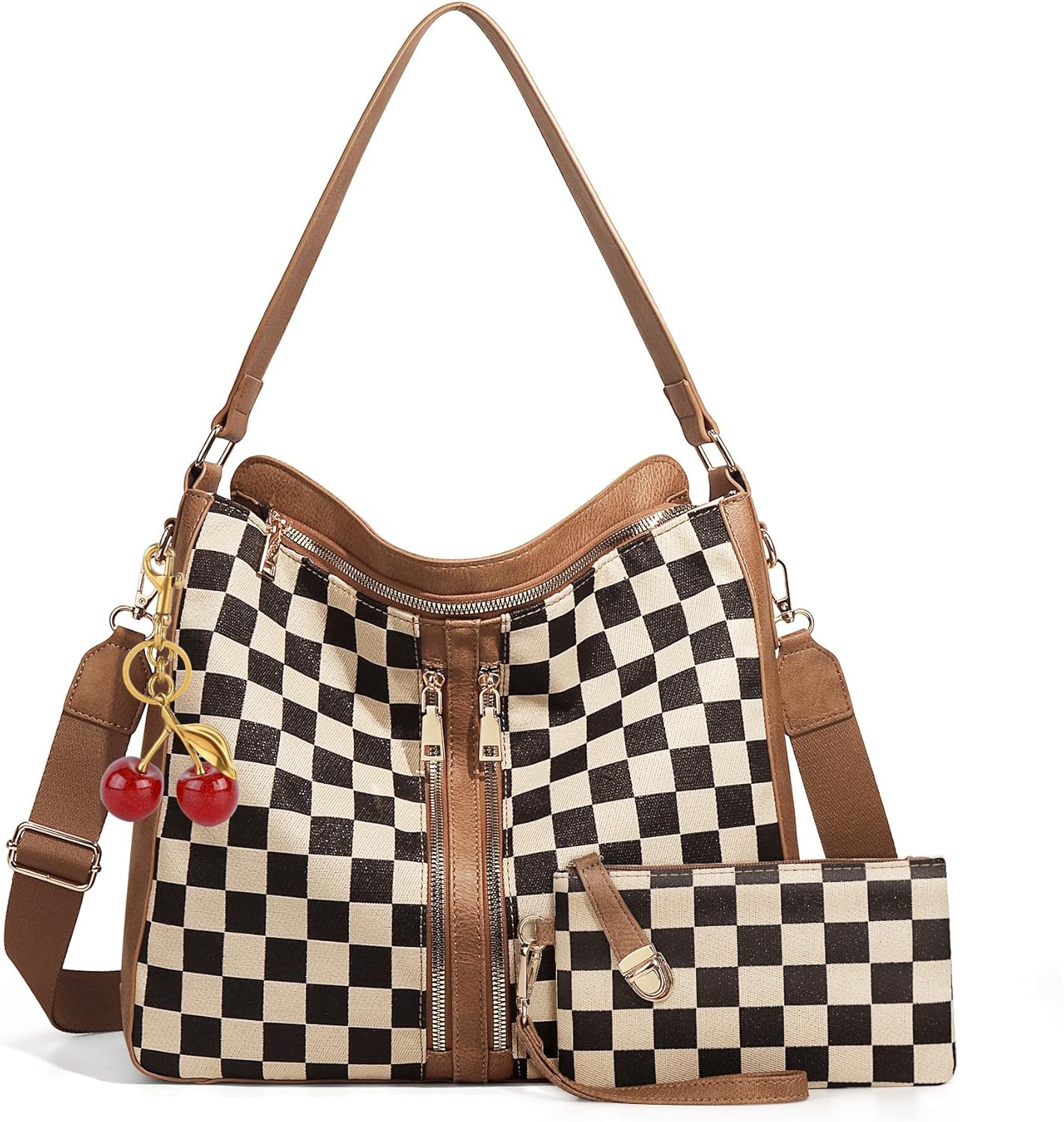 JQWYGB 2pcs Checkered Hobo Tote Bag for Women Multiple Pockets Crossbody Shoulder Handbag Trendy Tote Purse with Wallet