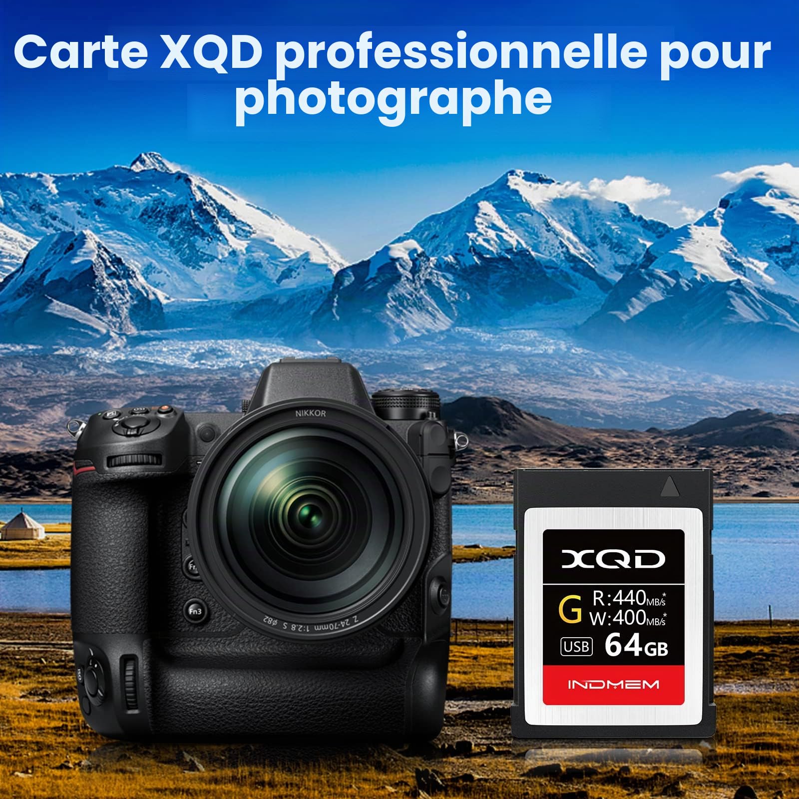 INDMEM Carte mémoire XQD 5X 64 Go MLC XQD Flash High Speed Série G (lecture 440 Mo/s et écriture 400 Mo/s)