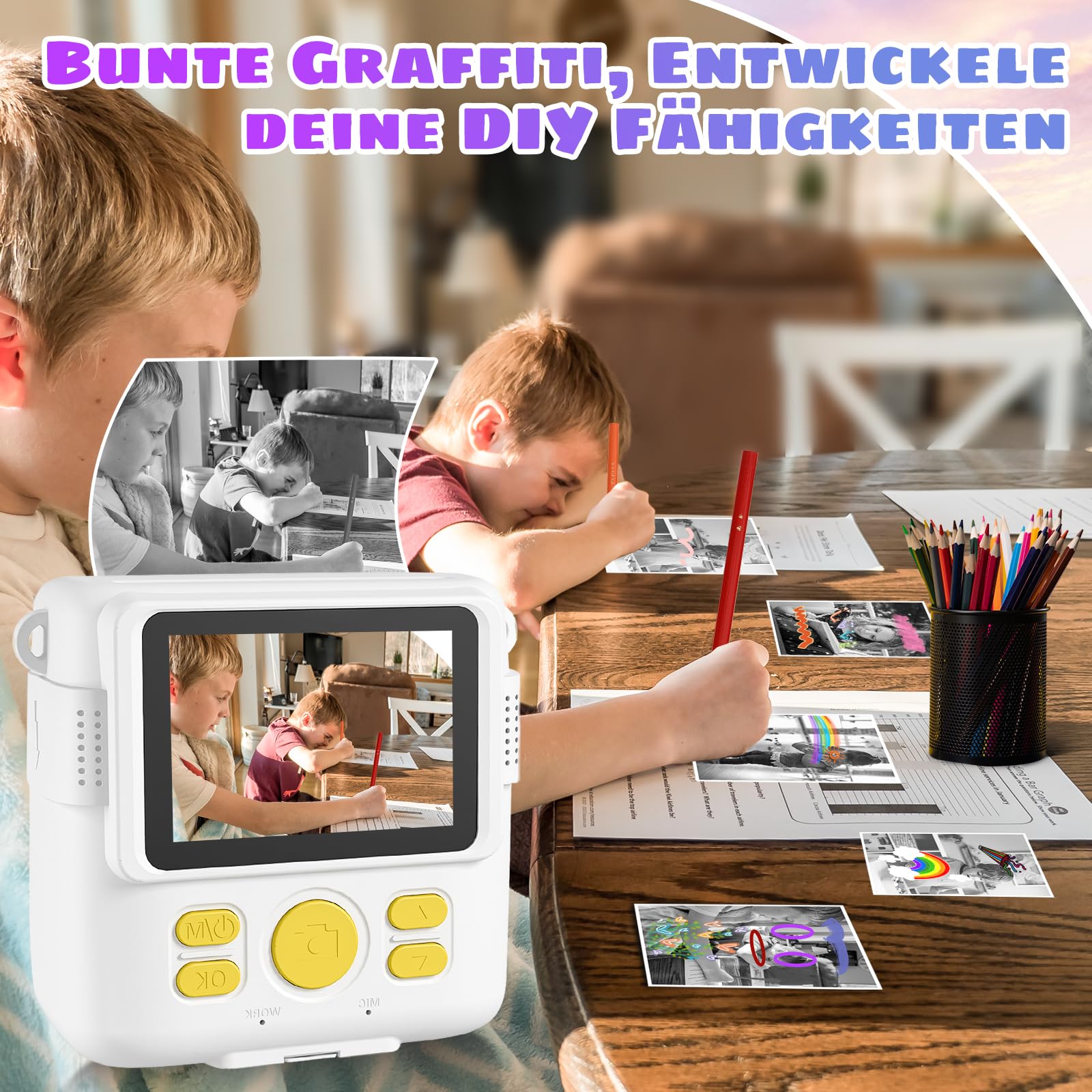 Macchina Fotografica Bambini Istantanea, 2.4 Pollici 1080P HD Fotocamera Istantanea Bambini, Fotocamera Digitale con 32GB Card & Carta da Stampa, Regali per Ragazze Ragazzi 3-14 Anni -Bianco